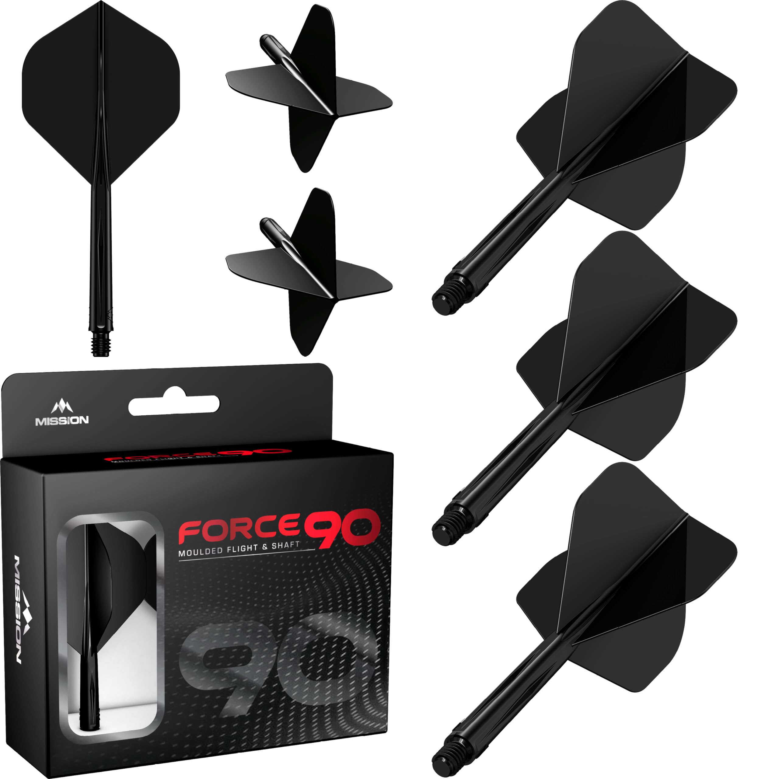 Mission Darts Force 90 Dart Flights and Stems, 2-in-1 System, Plastic, Standard No.2, Medium, Black, Pack of 3