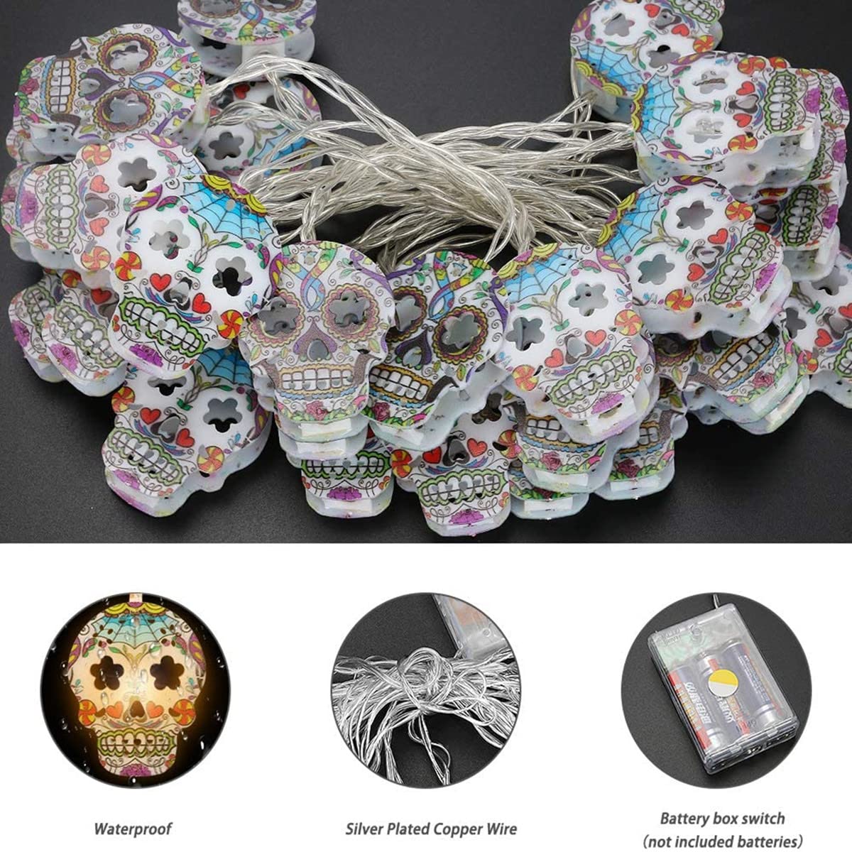 Lingsfire Halloween String Lights Led Skull Lights String 14.7Ft 30 Leds Battery Operated 2 Modes Steady On & Flash Halloween Lights Outdoor Indoor For Halloween Decorations, Festivals, Parties