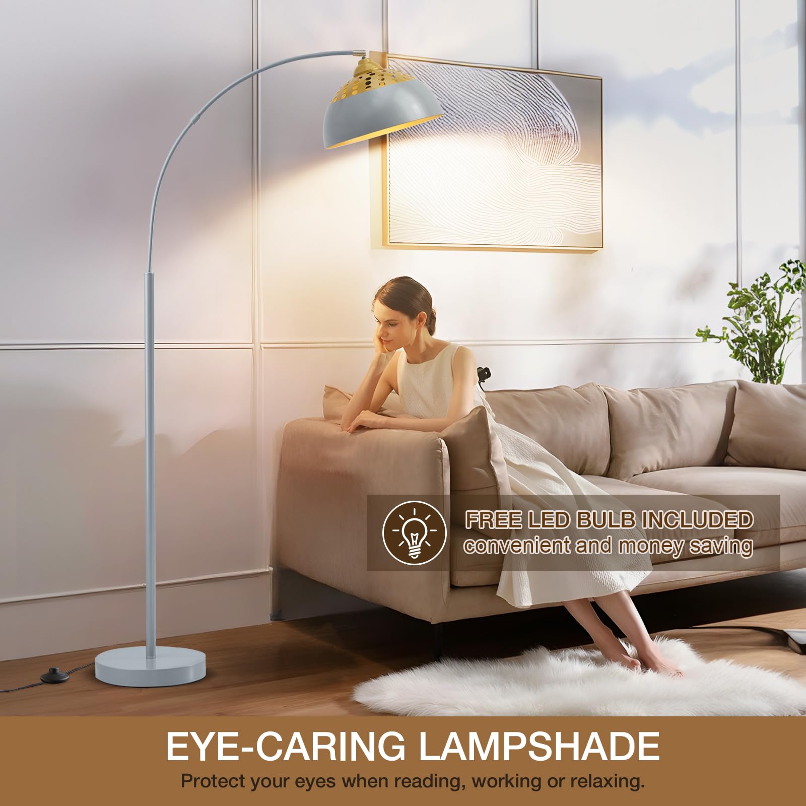 Arc Floor Lamps For Living Room, 71'' Standing Lamp With Adjustable Lamp Head, Silver Metal Tall Lamps With Foot Switch, Arched