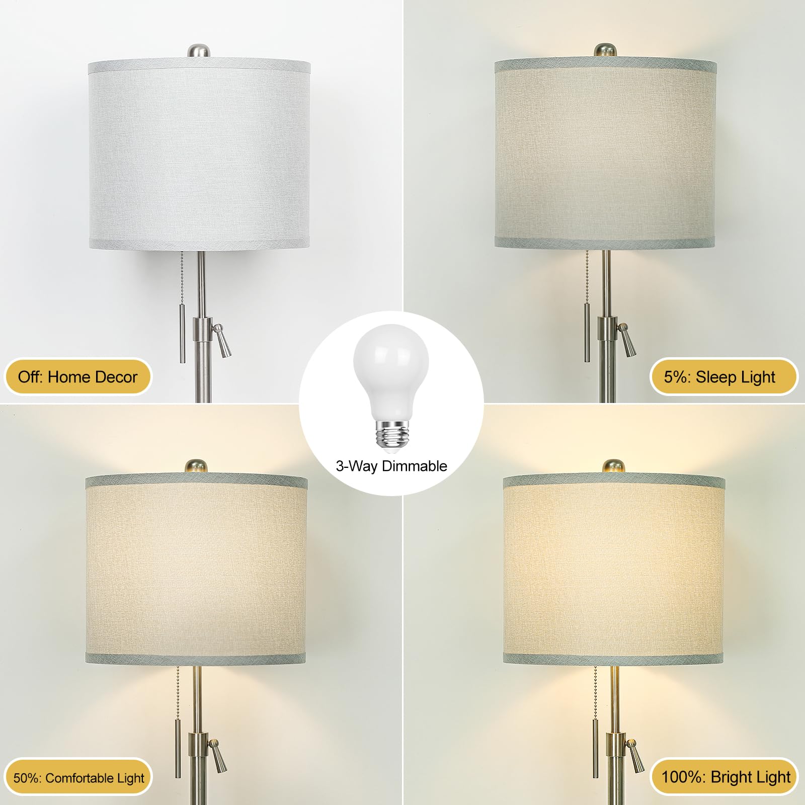 Brushed Nickel Floor Lamp For Living Room, Adjustable Height Standing Lamp With Metal Base, Tall Pole Light With Grey Shade For