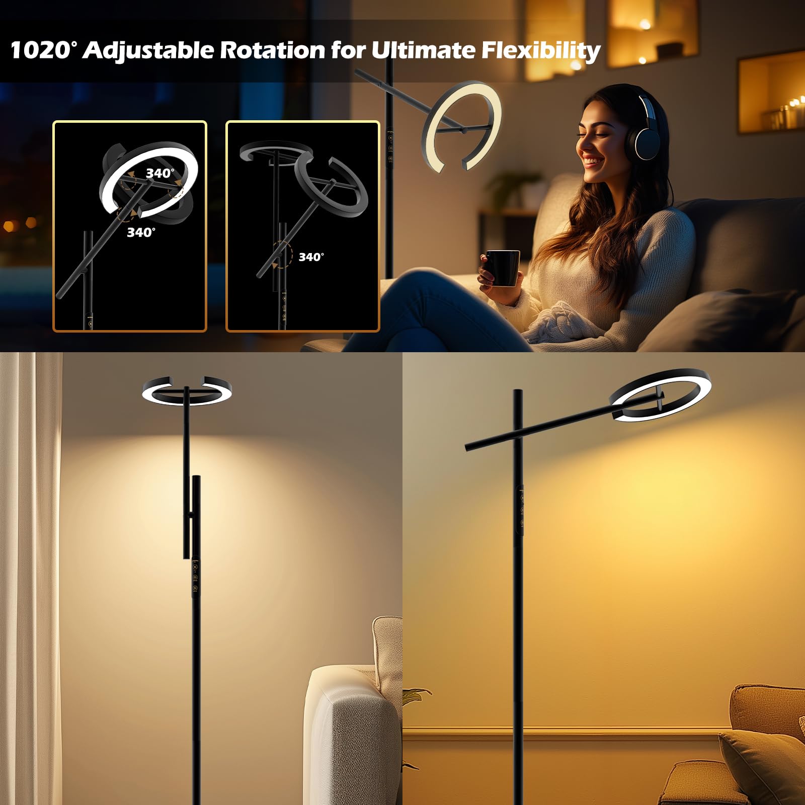 GLOWRIUM Floor Lamp - Stepless Dimmable, Rotatable, 2700-6500K, Modern Design, Black, Model GC047001