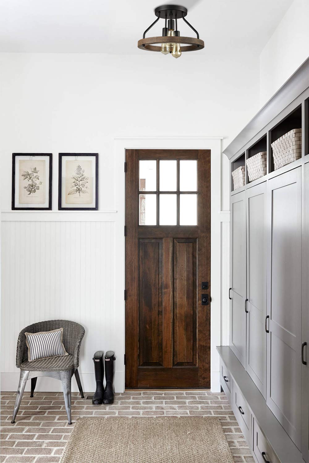 Claxy Farmhouse Flush Mount Ceiling Light Black Metal Lighting With Wood Grain Finish-3 Light