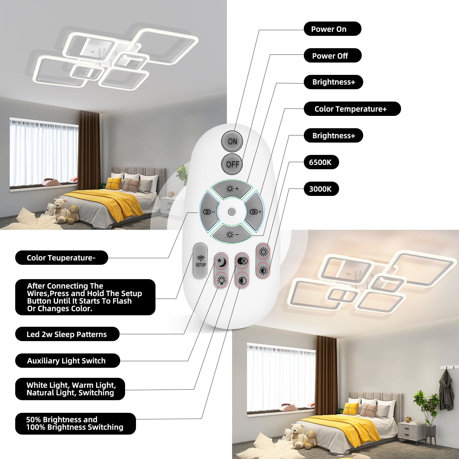 SEABLE Modern LED Ceiling Light, 40.2'' Dimmable 7 Light Fixture, Chrome, Remote Control, Model SE-S005-7CH