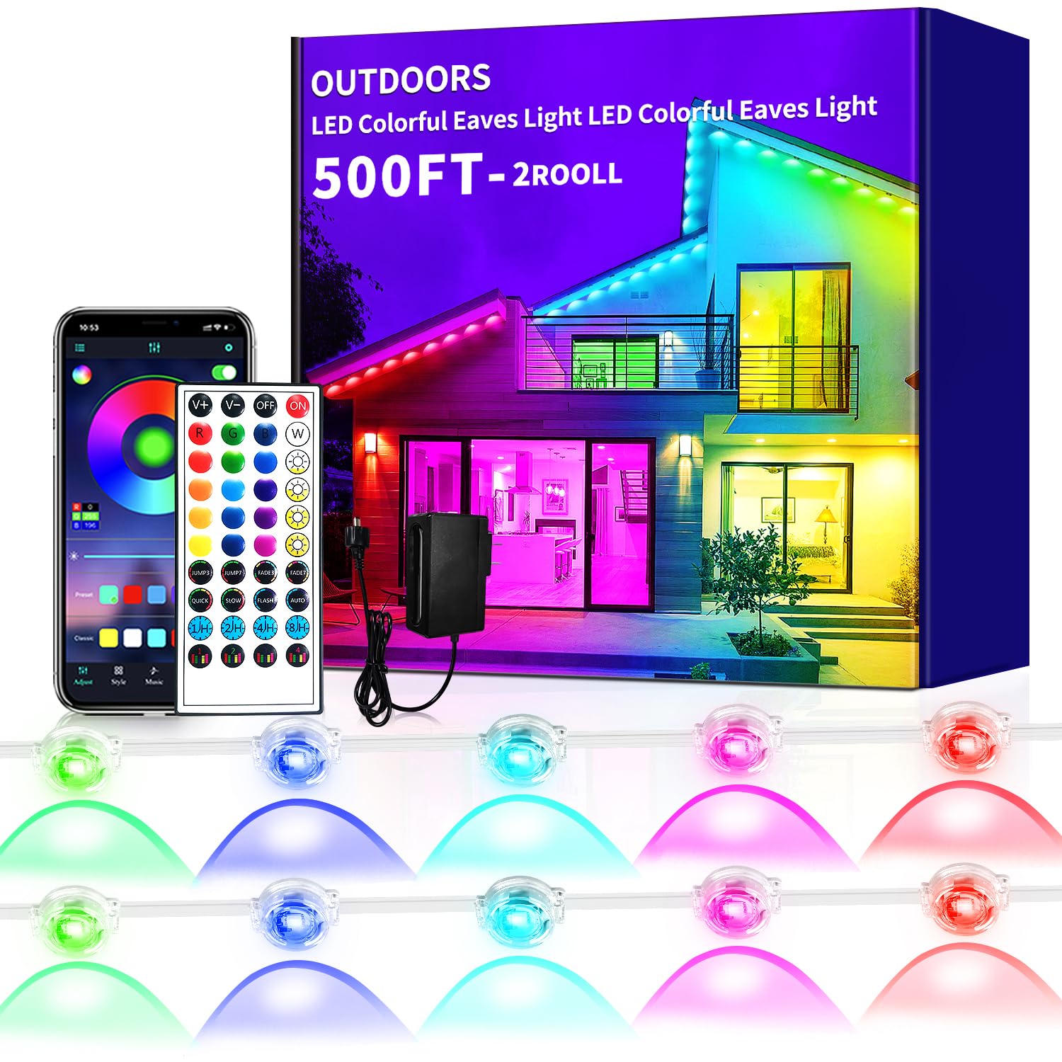 Yocrostar IP67 Waterproof Eave Light for House roof,500ft RGB Outdoor Waterproof Eave Light,can be Used for Halloween, Christmas