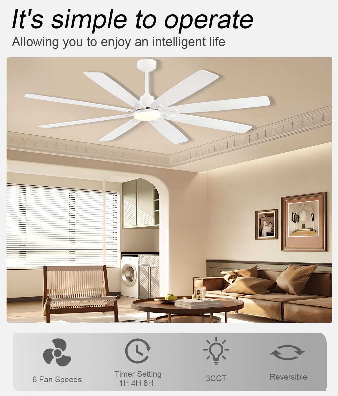 JSAITEE Ceiling Fan with Light and Remote/APP Control, 72 inch Large Low Profile Ceiling Fans for Living Room Patio, Quiet DC Re
