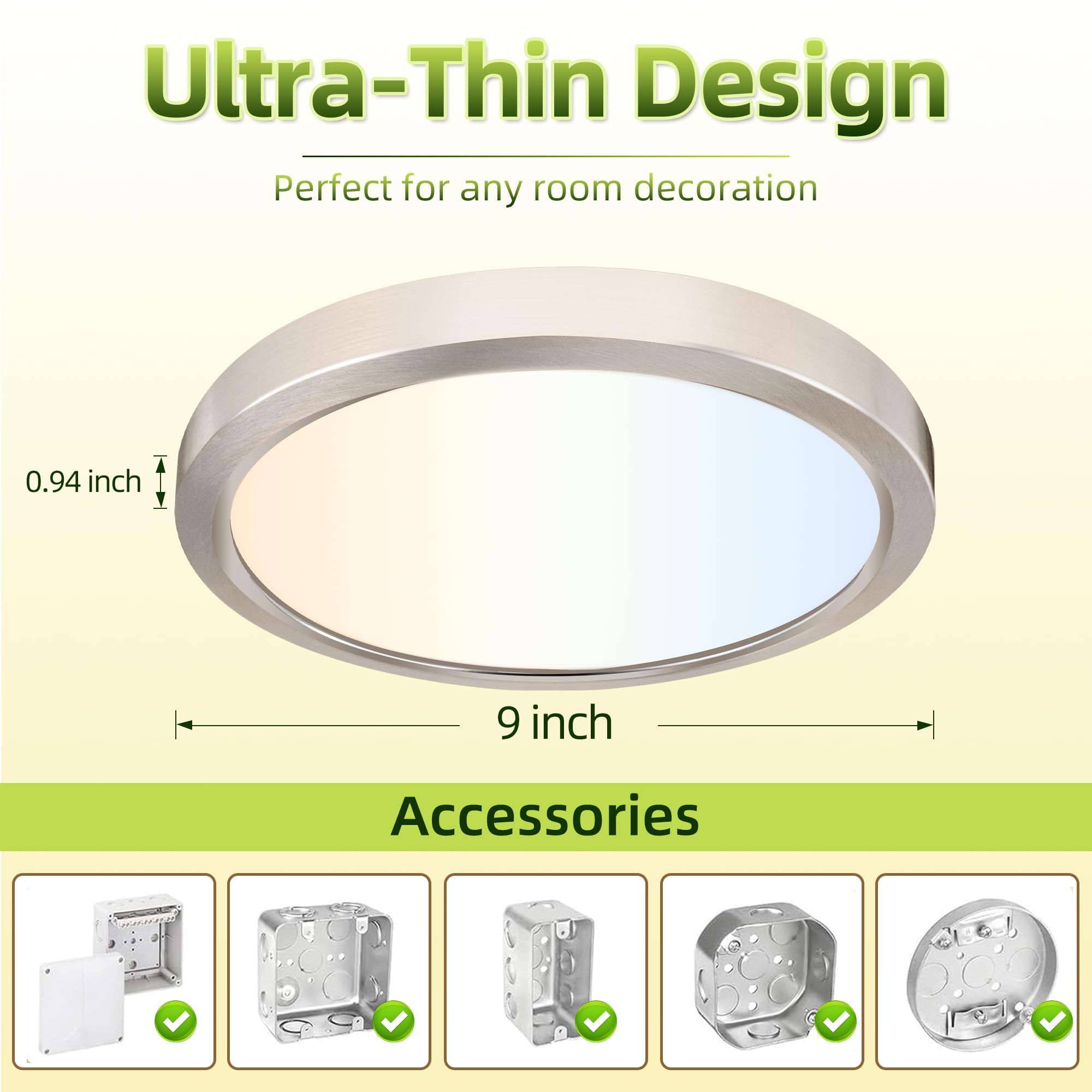 hykolity 9 Inch LED Round Flat Panel Light, 18W 1800LM, Selectable CCT 3000K/4000K/5000K, Brush Nickel,