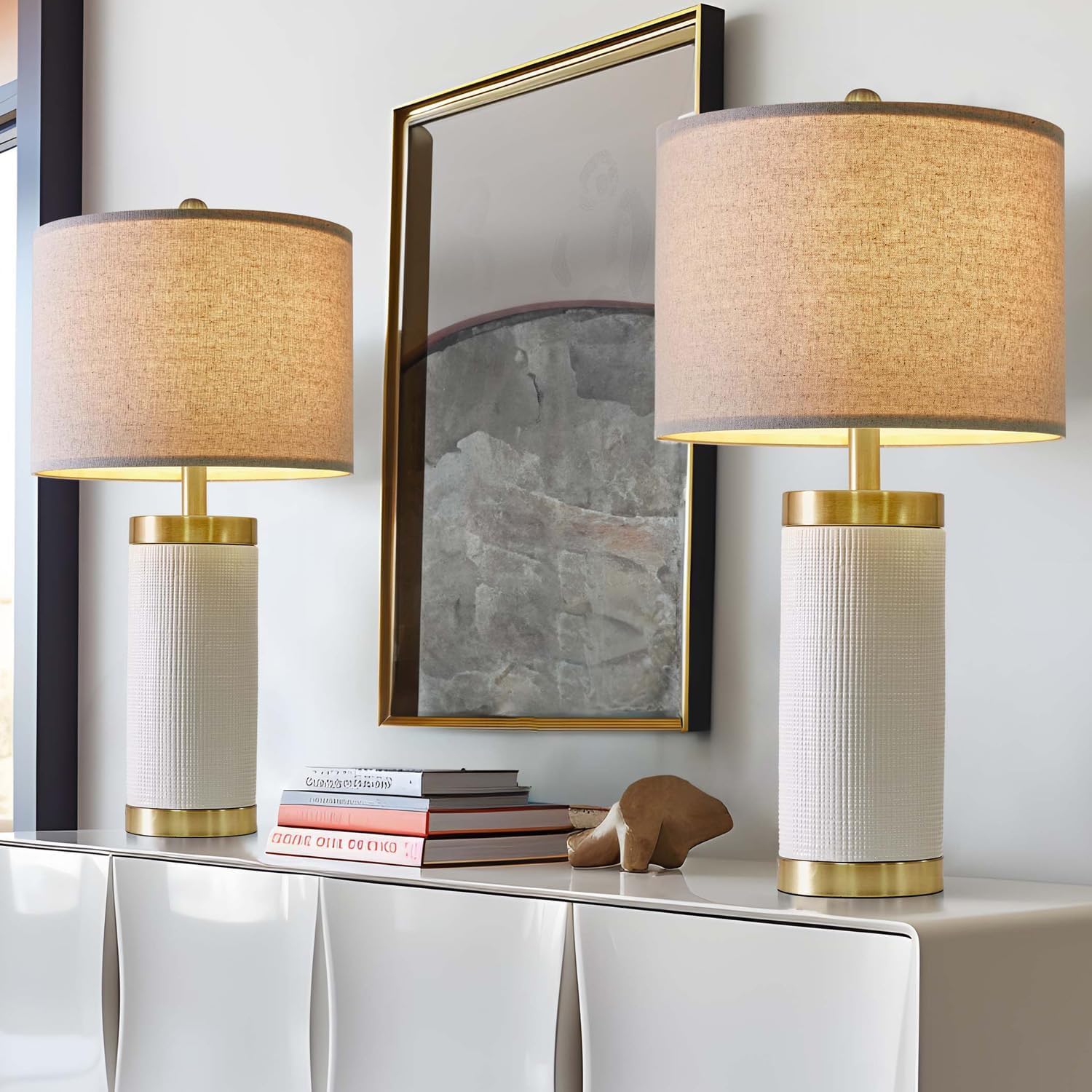 Usumkky 24.5" Modern Ceramic White Single Bedside Lamp For Bedroom Decor Farmhouse Table Lamp For Living Room Office Dorm