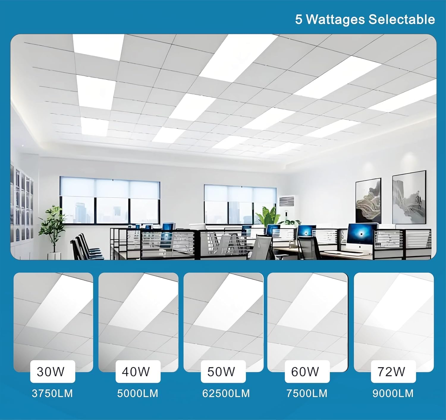 2X4 Ft Led Light Flat Panel, 5 Cct 3K | 3.5K | 4K | 5K | 6.5K, 40-72W, Dimmable Recessed Drop Ceiling Lights, 3750/5000/6250/750