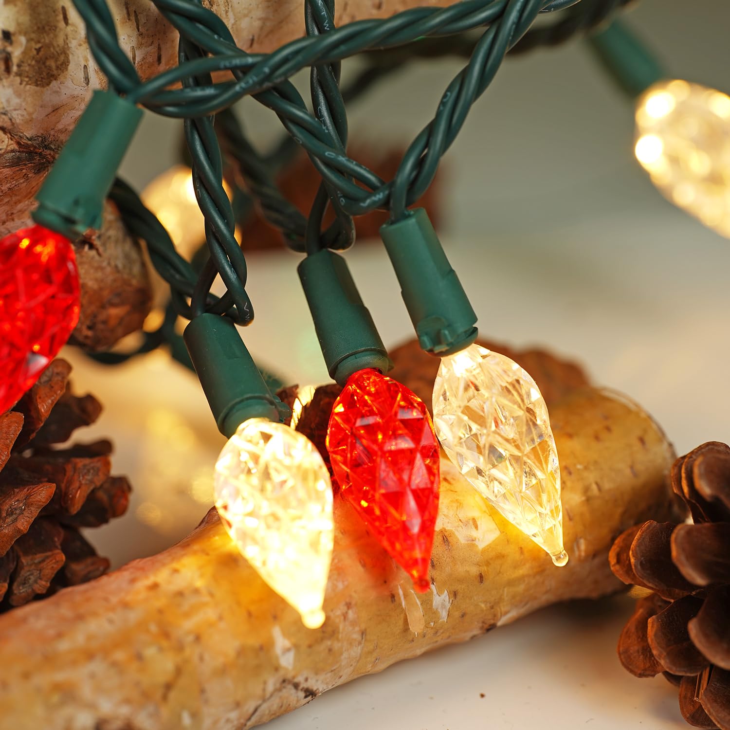 BOHON LED Christmas Lights Outdoor, 50 Faceted C6 Bulbs, 25ft, Waterproof, Green Wire, Red and Warm White, Model BH-KLC6D50L