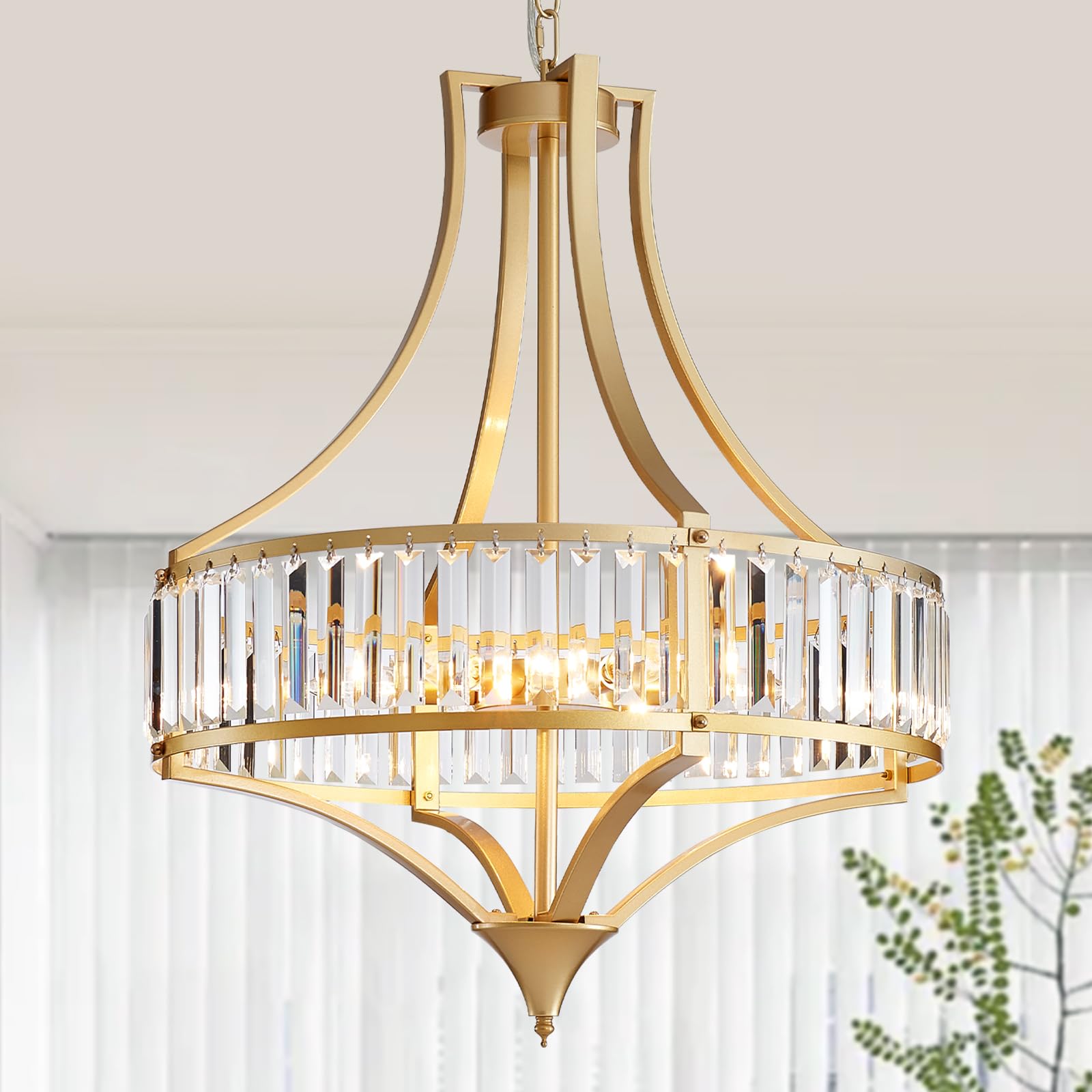 Avzkcy Modern Gold Crystal Chandelier, 6-Light Round Pendant Lighting Fixtures, 21.6'' Height Adjustable Ceiling Light For Livin