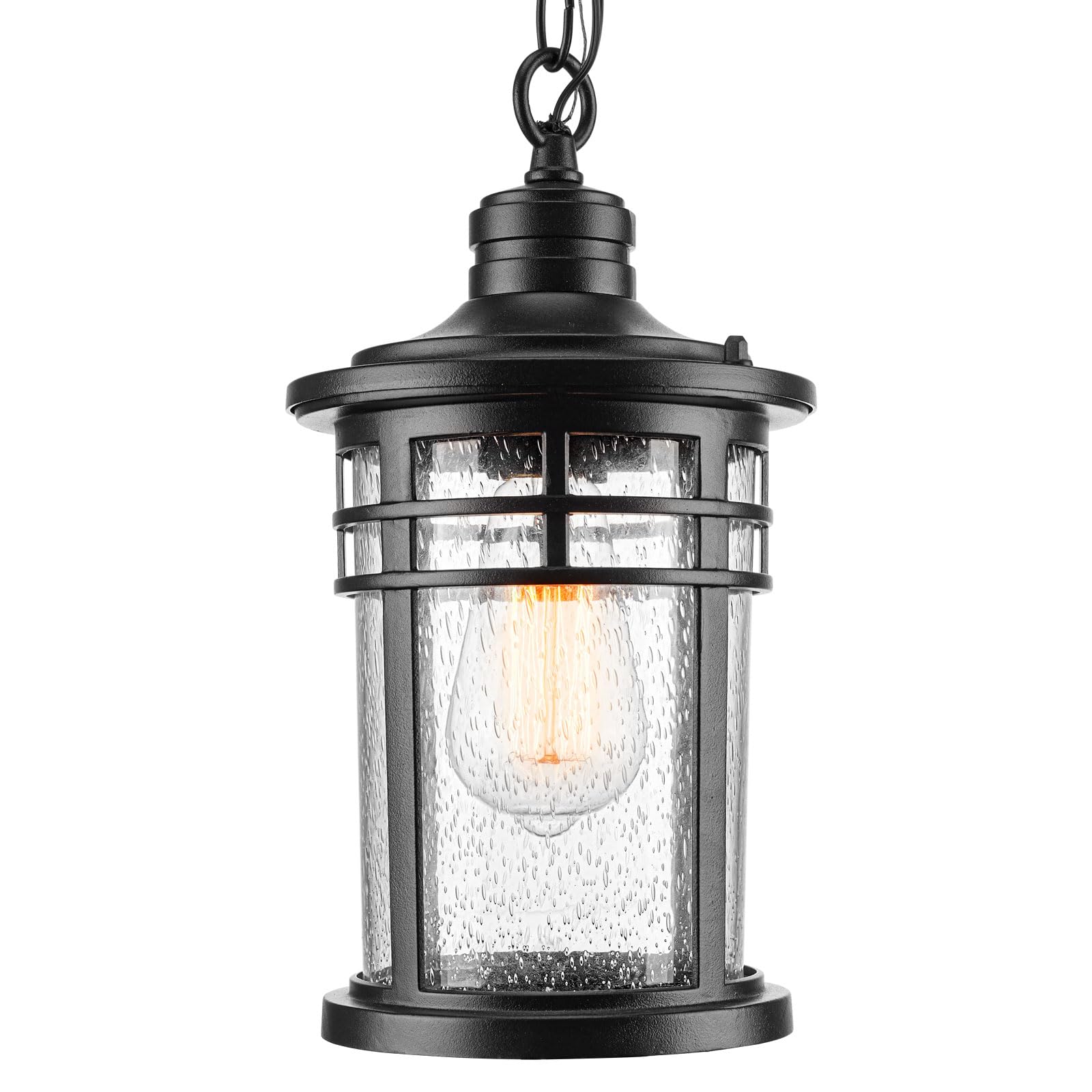 Darkaway Outdoor Pendant Lights, Aluminum, Medium Size, Black, Model 6X20H BK, Seeded Glass for Porch, Gazebo, Patio