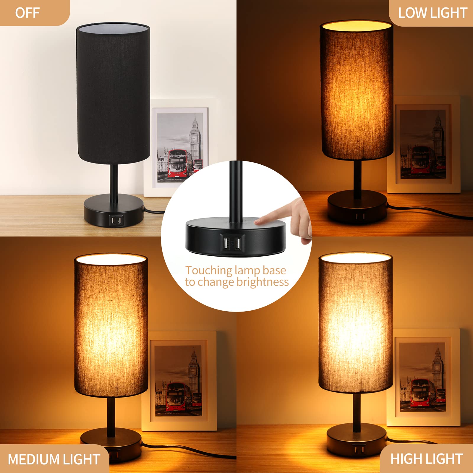 Yarra-Decor Touch Control Bedside Lamp with USB Port, 3 Way Dimmable, Black Linen Shade, LED Bulb Included