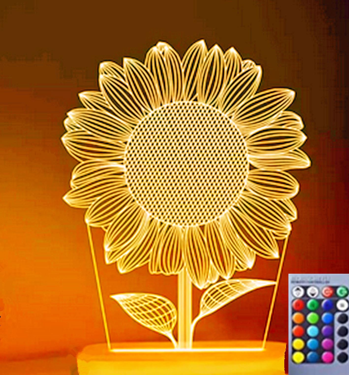 Jinnwell 3D Sunflower Night Light Lamp Illusion Night Light 16 Color Changing Table Desk Decoration Lamps Gift Acrylic Flat ABS 