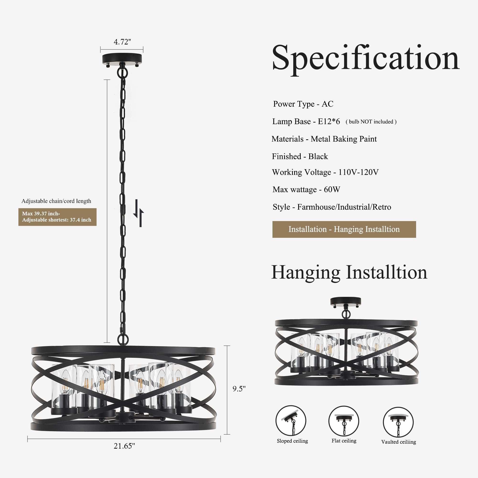 Faibra 6-Light Farmhouse Drum Pendant Light,21.65'' Nature Wood Texture Vintage Rustic Chandeliers Black Metal Industrial Glass