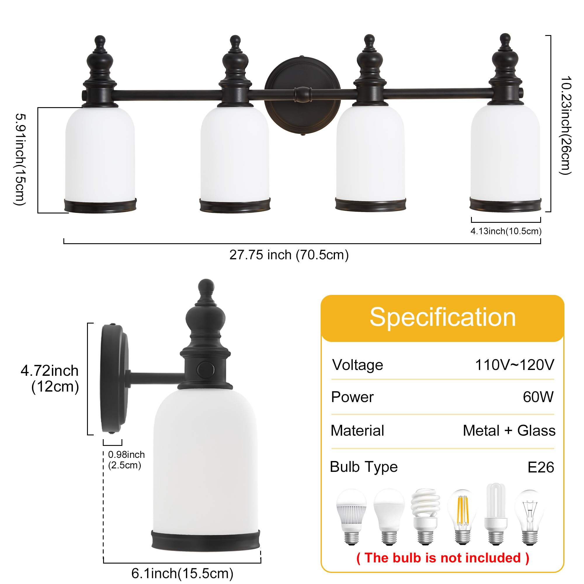 Lanmate Bathroom Light Fixtures, 4 Light Black Bathroom Vanity Light Over Mirror With Milk Glass Shade Modern Wall Sconce Mid Ce