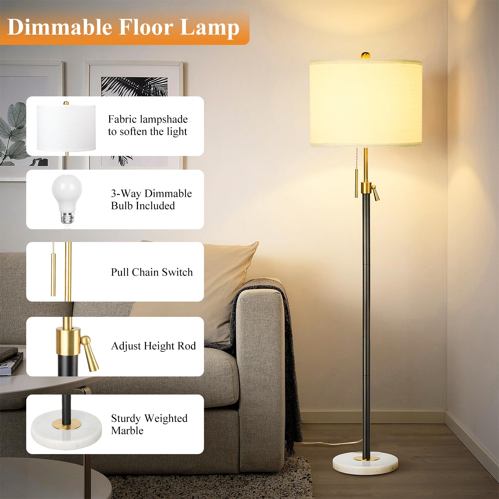 Floor Lamp For Living Room Adjustable Tall Standing Lamp, 3-Way Dimmable Floor Lamp For Bedroom Office, Black Gold Lamp With Mar