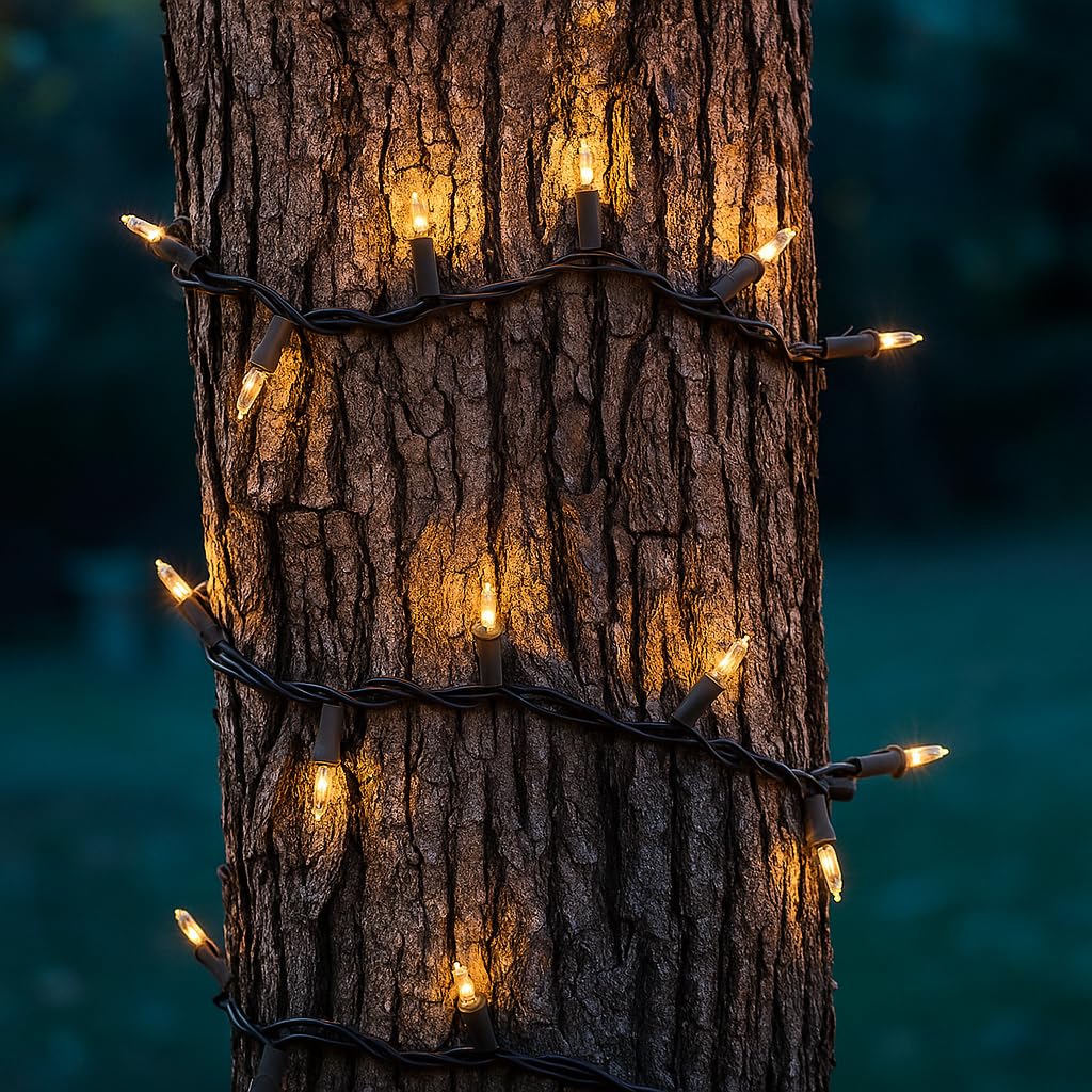 Novelty Lights 50ft 100 Bulbs Incandescent Mini Lights, Clear on Brown Wire, UL Listed for Indoor/Outdoor Use, Model MRD-25B-4