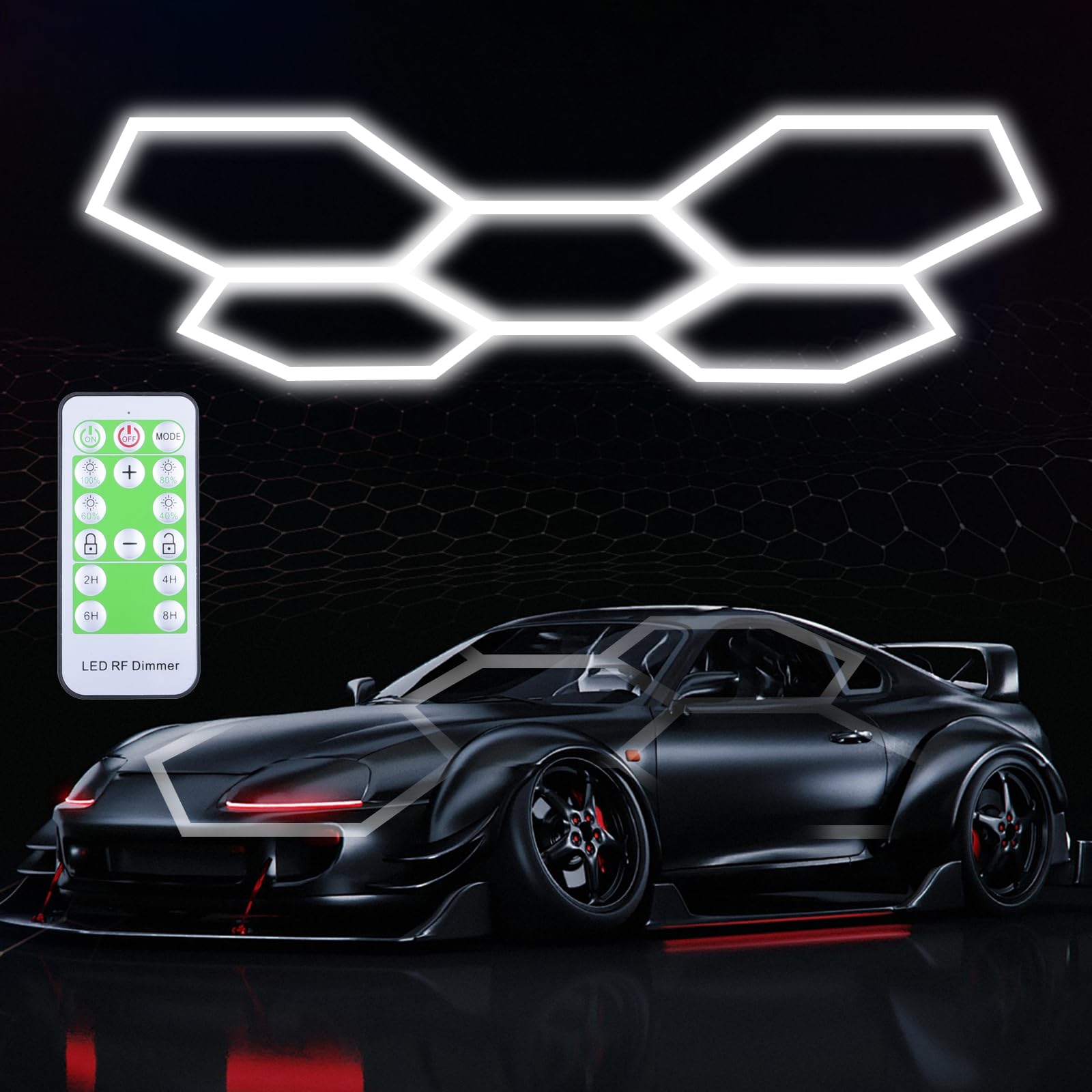 Garage Hexagon Lights  24 Pack  24V 6500K Higher Brightness Hexagonal Garage Light  Plug and Play  Lightweight DIY Assembly Hexagonal Lights for Car Detailing Shop Decoration (with Remote Control)