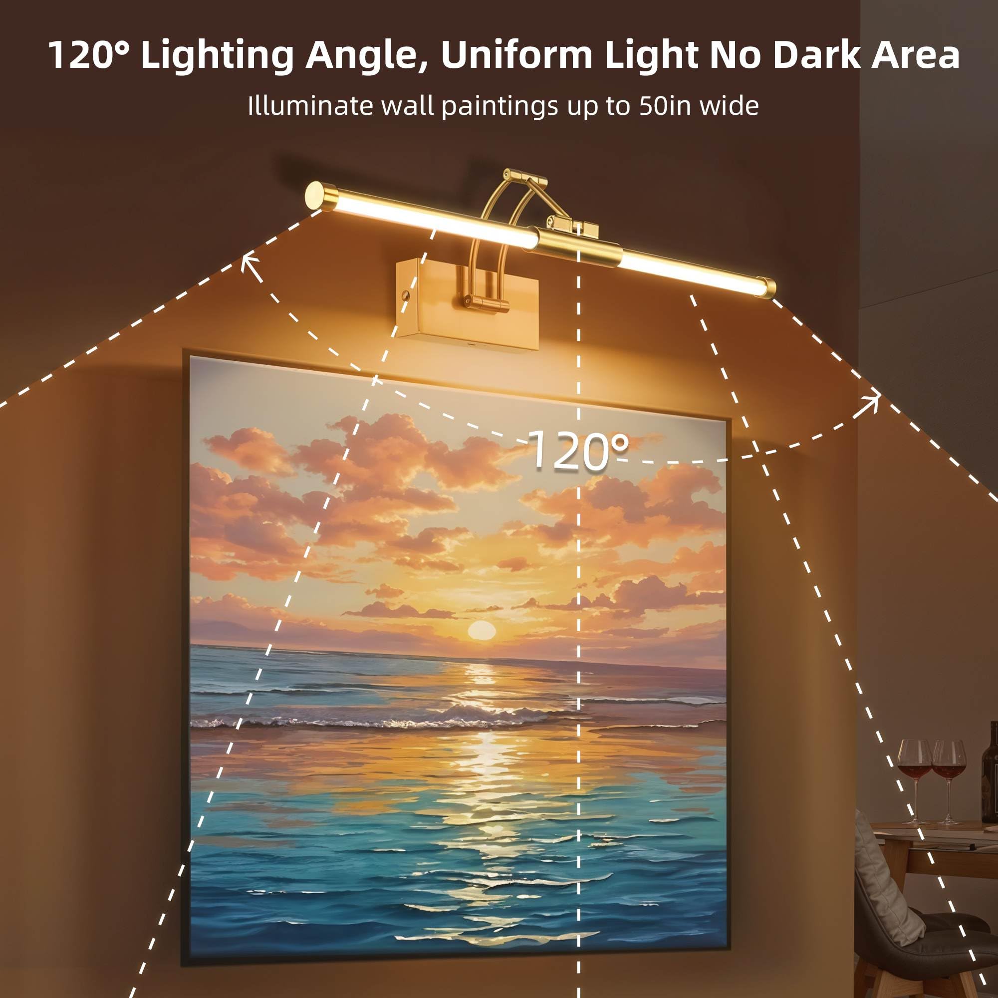 Neymlya 24" Wireless Picture Light, Dimmable 3000K/4000K/6000K, Gold Metal, Battery Operated, Remote Control, Model 24IN