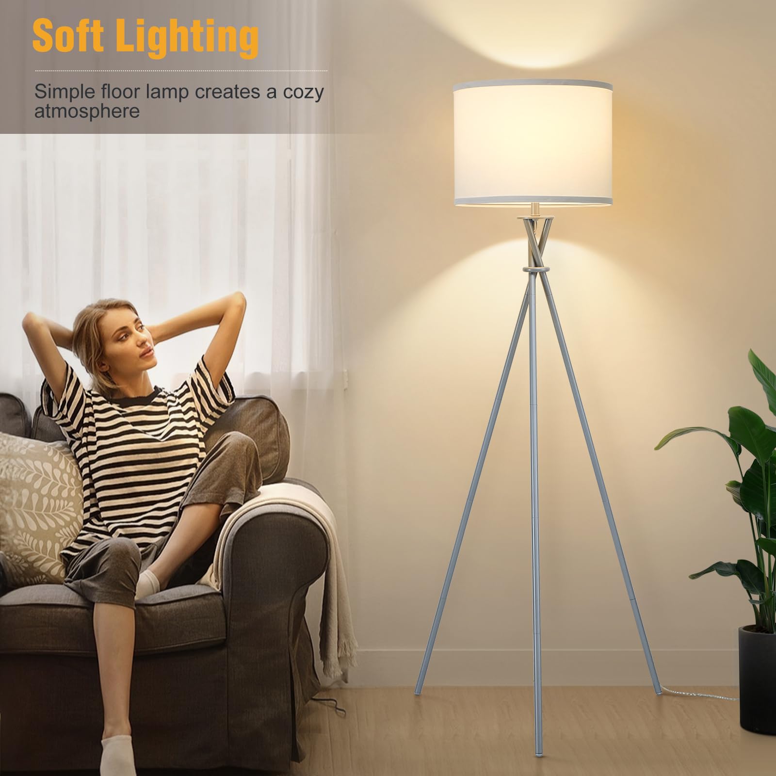 Luvkczc Tripod Floor Lamp Silver, 61” Tall, Metal, Modern Design with White Shade, Model 1FL-054-03