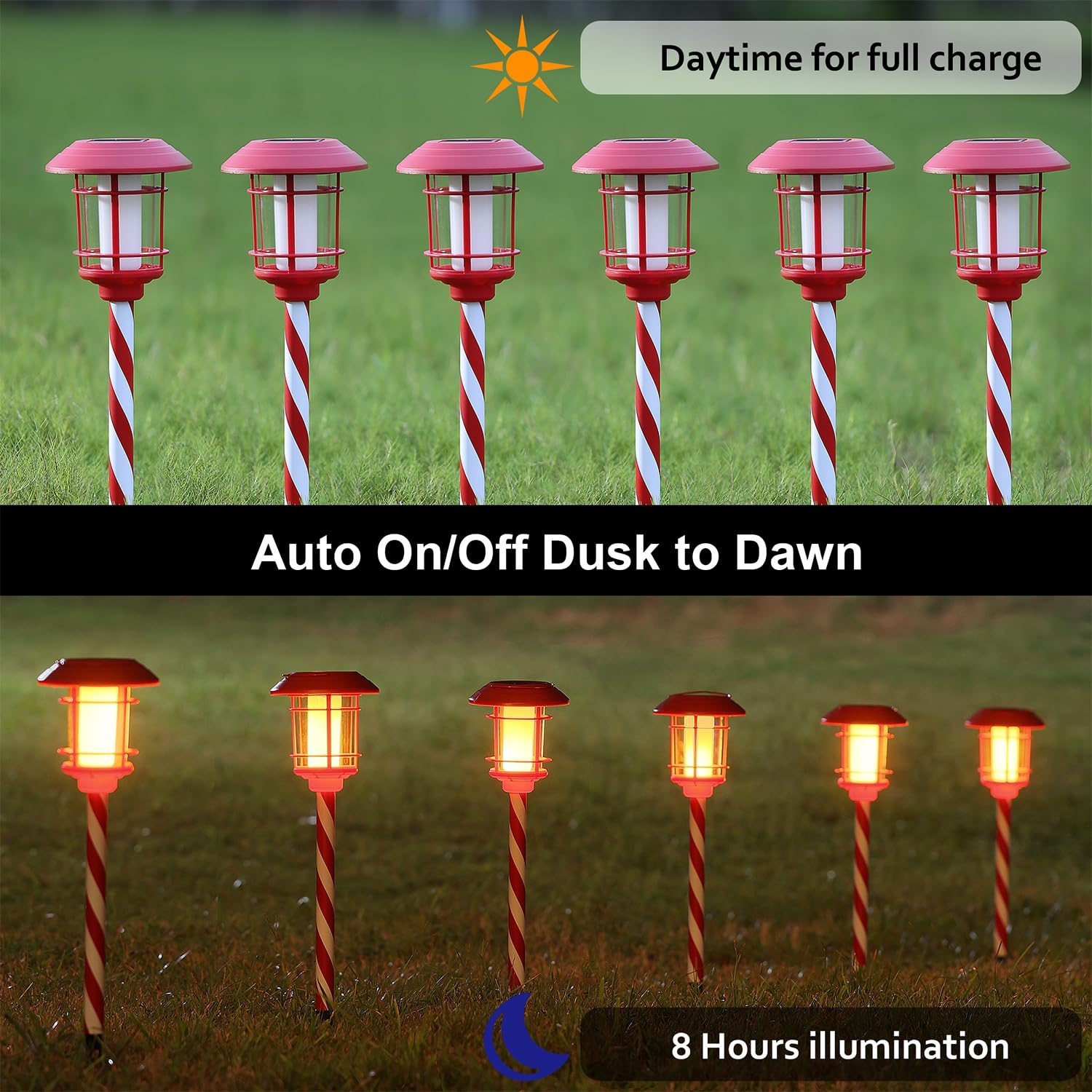 Dynaming 6 Pack Christmas Solar Flame Garden Lights Outdoor, Dual Use Flickering Flame Torch Candy Cane Pathway Marker, Xmas Han
