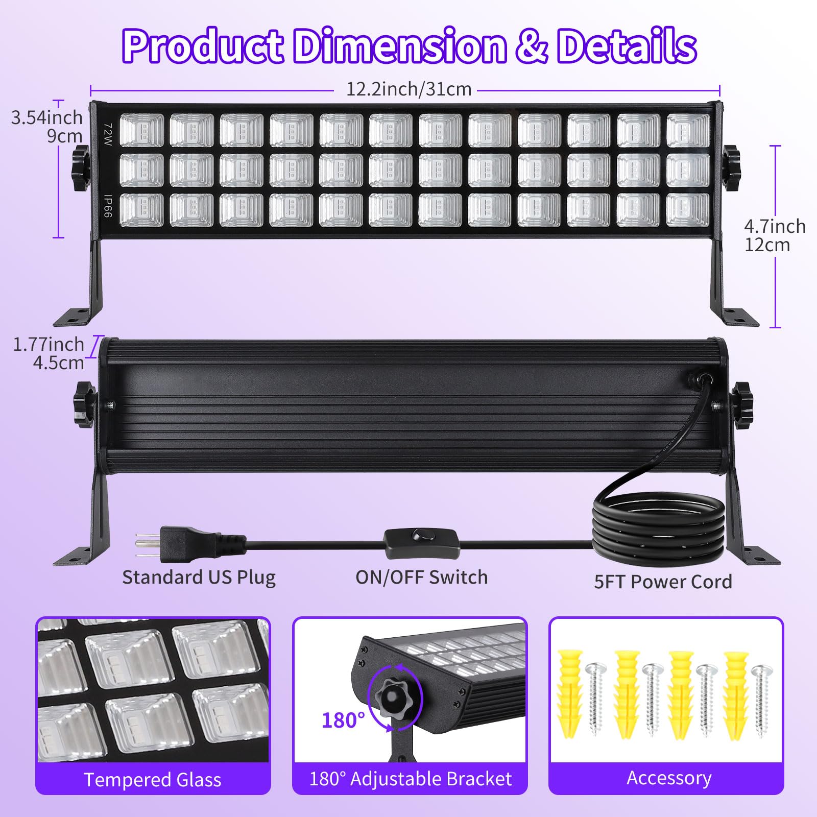 Isuerfy 72W Black Light Bar Ip66 Waterproof Led, 108 Leds For Neon Glow Party & Halloween Decor