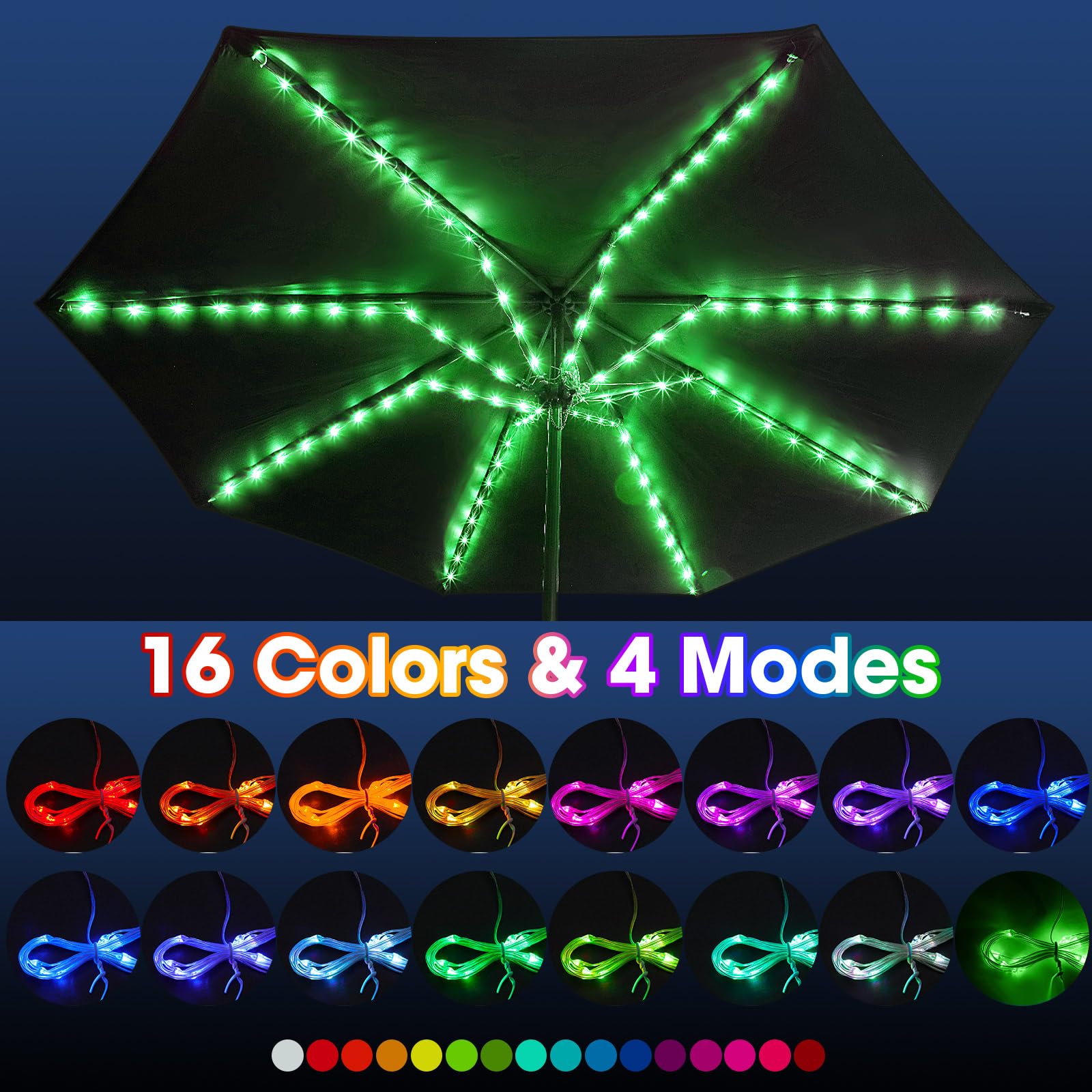 Frienda Patio Umbrella String Lights, 104 LEDs, 16 Colors, 4 Modes, USB Battery Operated, Waterproof, Model Frienda-Umbrella String Lights-02