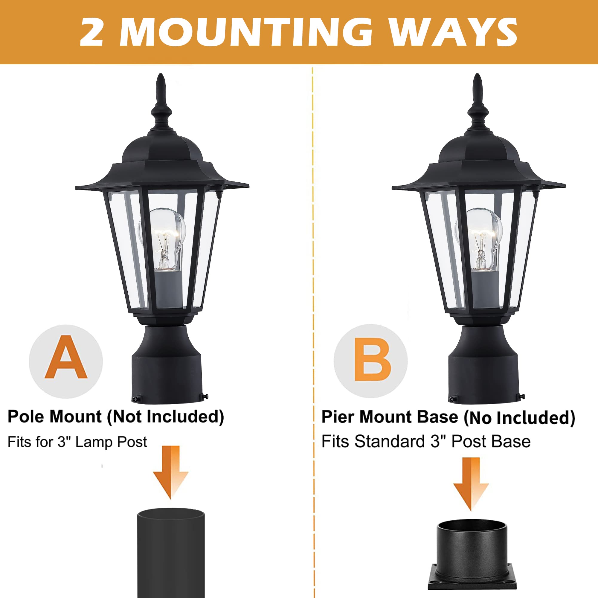 Outdoor Post Lights, Lamp Post Light Fixture With E26 Socket, Exterior Post Lantern With Clear Glass Shade, Pillar Outside Light