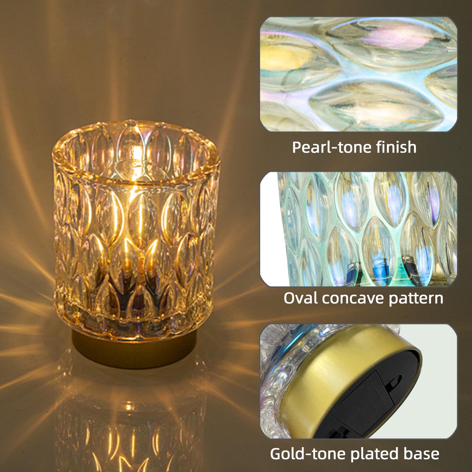 MJ PREMIER Battery Operated Table Lamps, Mini Crystal, 2 Packs, Cordless LED, Pearl Color, Decorative for Home Use