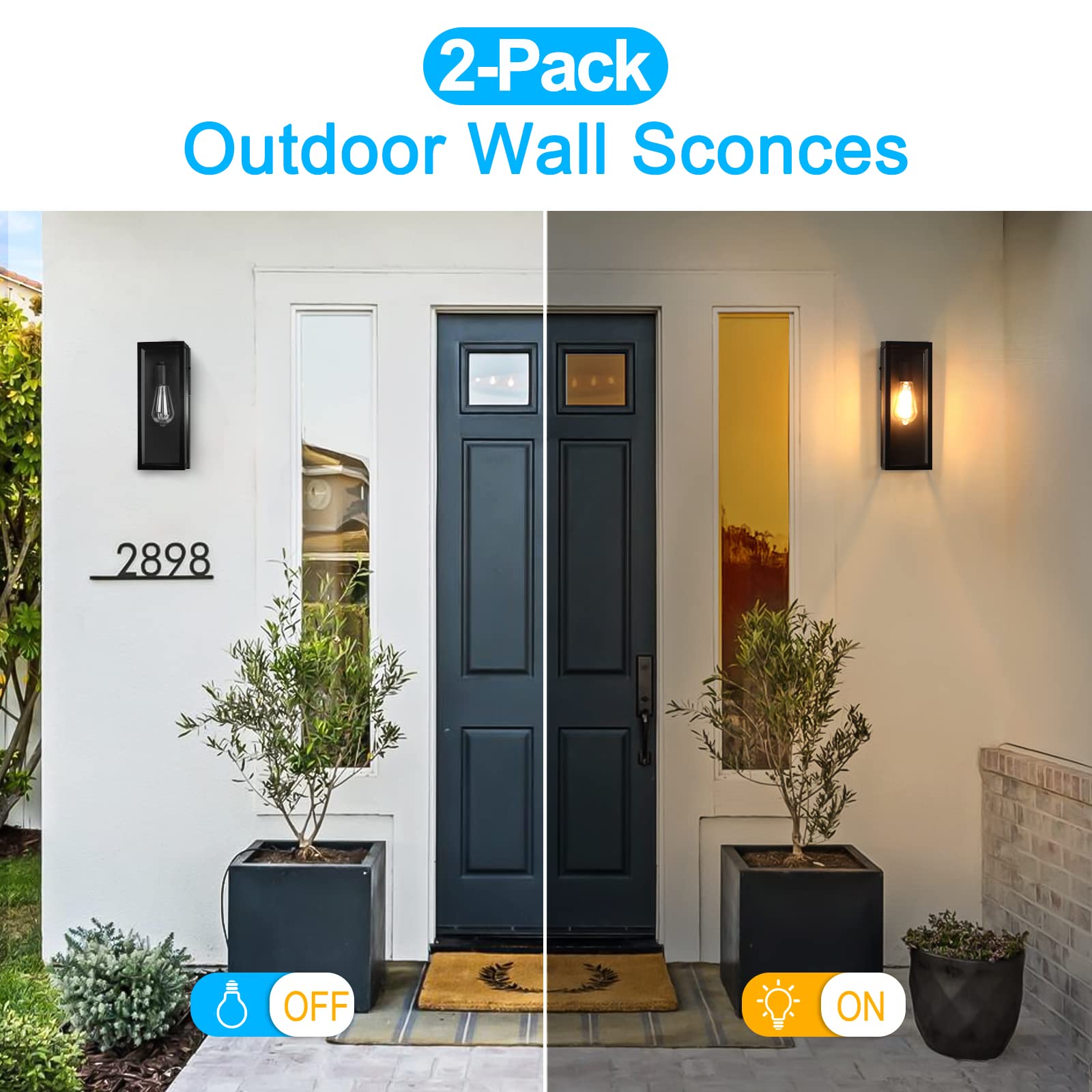2-Pack Outdoor Wall Lanterns, Exterior Waterproof Wall Sconce With Glass Shades, Matte Black Porch Lights Wall Mounted, Anti-Rus