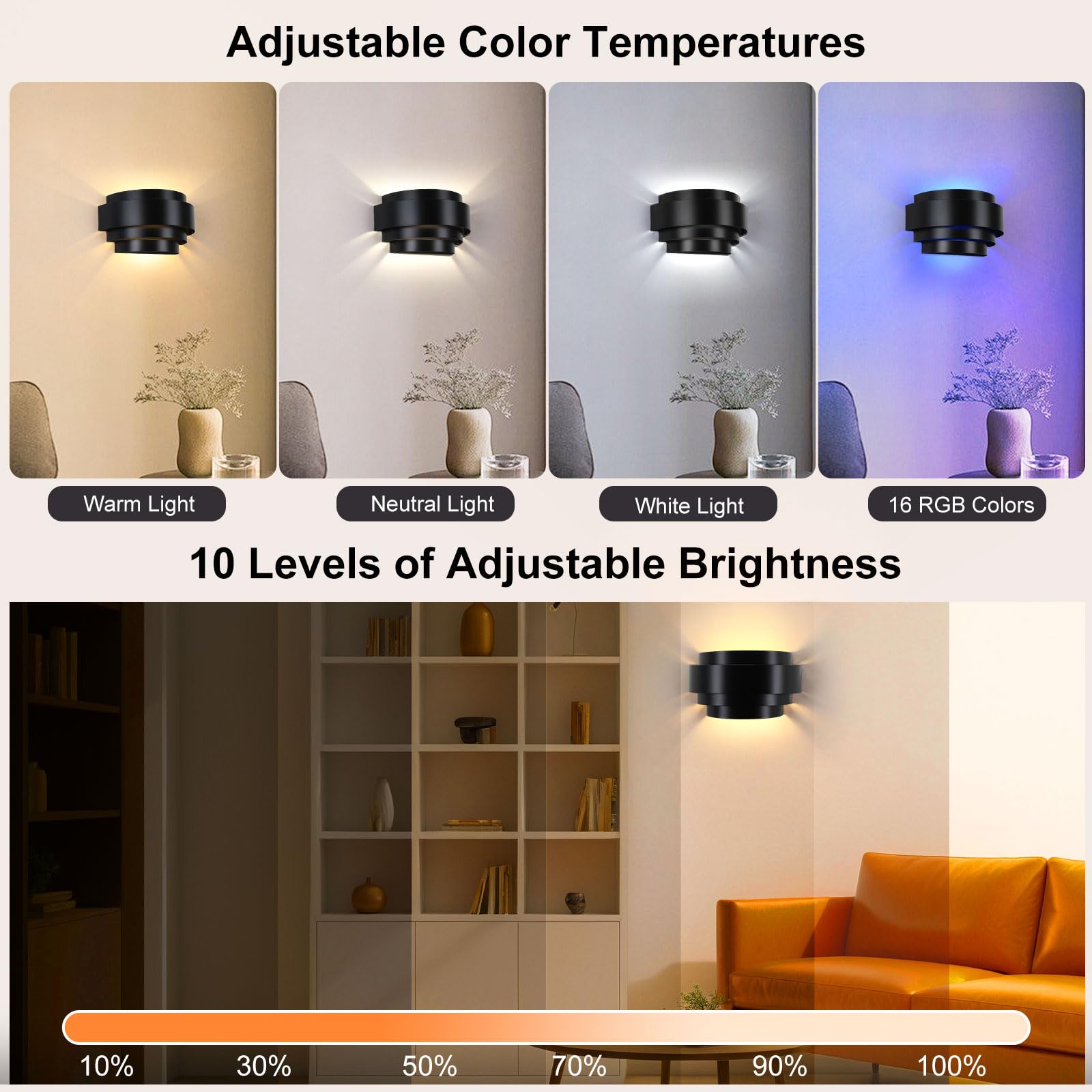 Lightess Rechargeable Wall Sconces With Remote Control, Cordless Wall Light Battery Operated Dimmable, Black Light Fixture For L