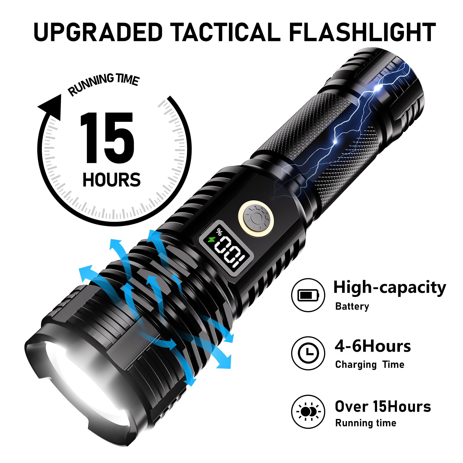 CHILDBOT High Lumens Rechargeable Flashlight, 990000LM, Zoomable, Waterproof, Aluminum, Black, Model Y1915C