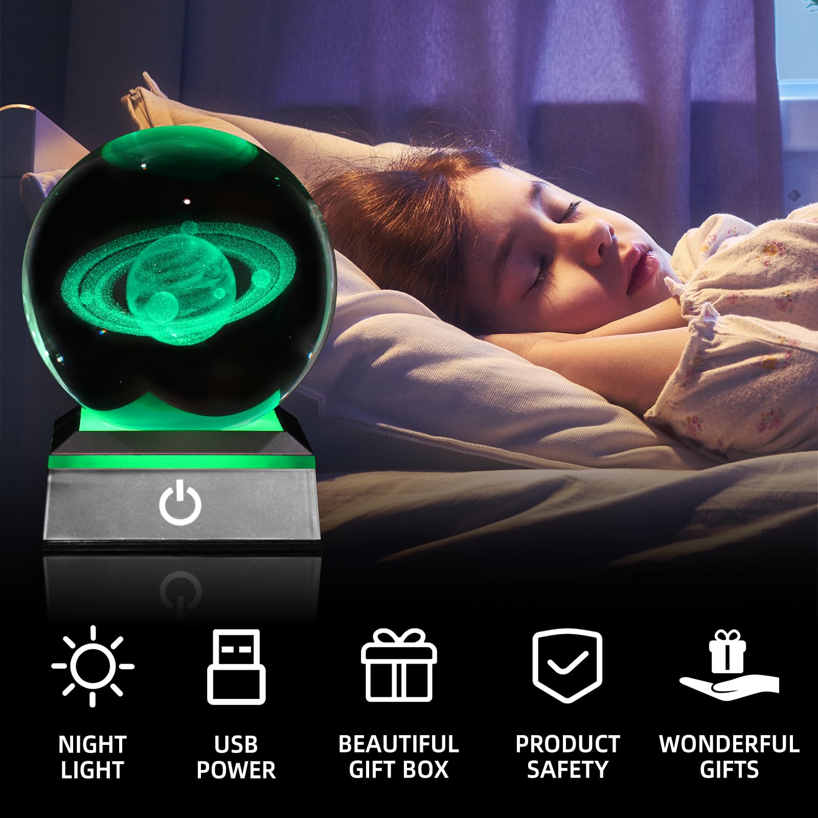 3D Saturn Crystal Ball Night Light 3.15 Inch Glass Ball Table Lamp With Color Changing Touch Base Decor Ideal Saturn Gifts For F