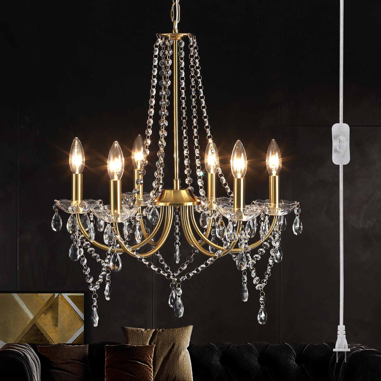 Plug in Gold Crystal Chandelier Lighting with Long Cord  6-Light Modern Plug Chandelier Crystal Plug in Pendant Light  Classic Hanging Light Fixture for Dining Room Bedroom Living Room Kitchen Closet