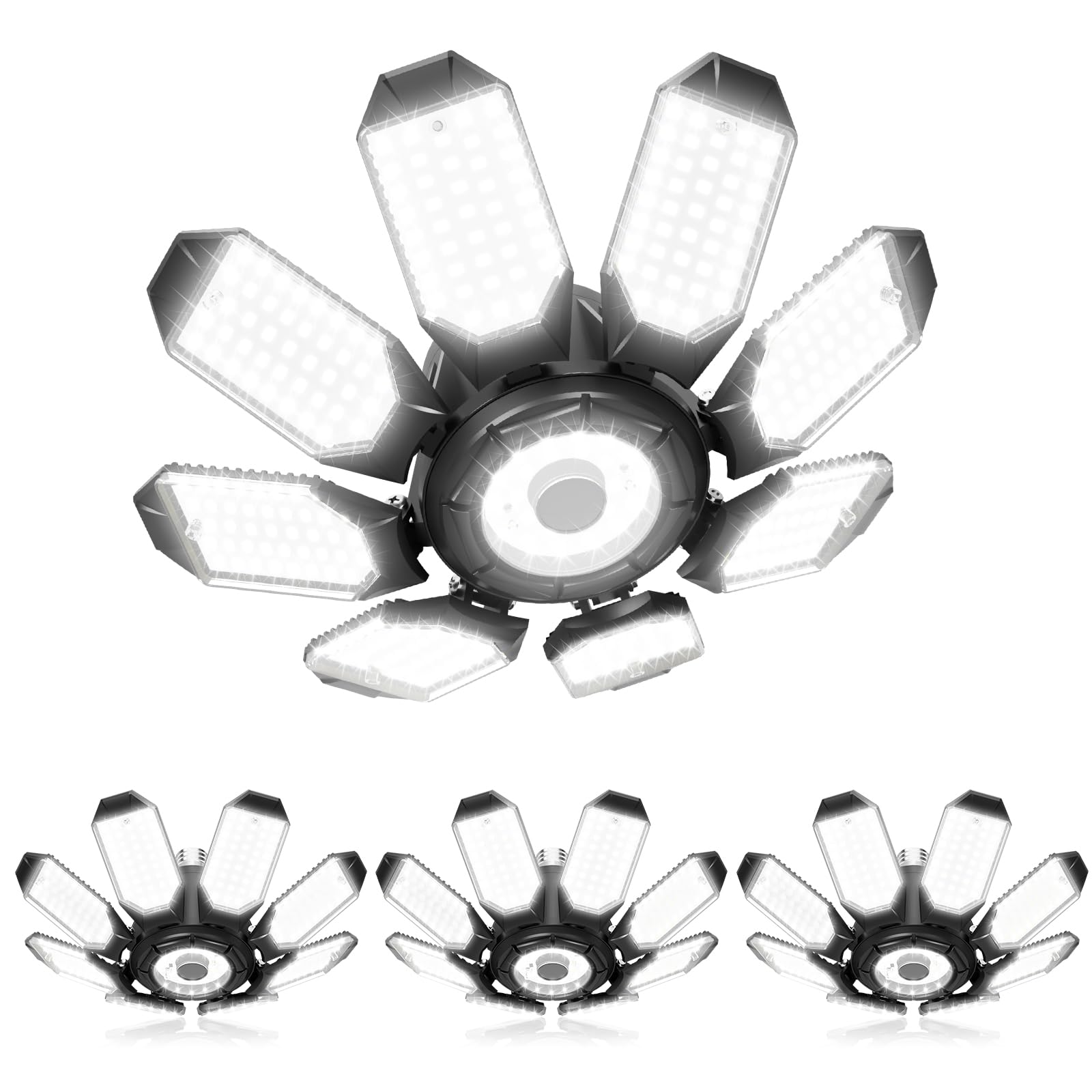 Adiding Led Garage Ceiling Lights 56000Lm 4 Pack W/ 8 Adjustable Panels  Super Bright Deformable Basement Lighting Fixture Screw In E26 Bulb Socket For Indoor Workshop  Attic  Storage  Bay  Home Gym