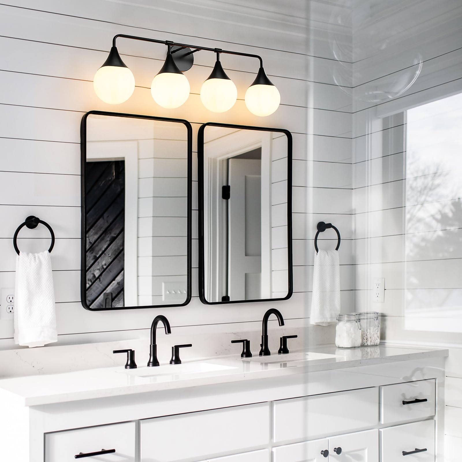 Hahzt Bathroom Vanity Light Fixtures: 4-Light Mid Century Modern Bathroom Lighting Fixtures Over Mirrors - Matte Black Wall Sconce With Milky Glass Ball Shade For Bath Bedroom