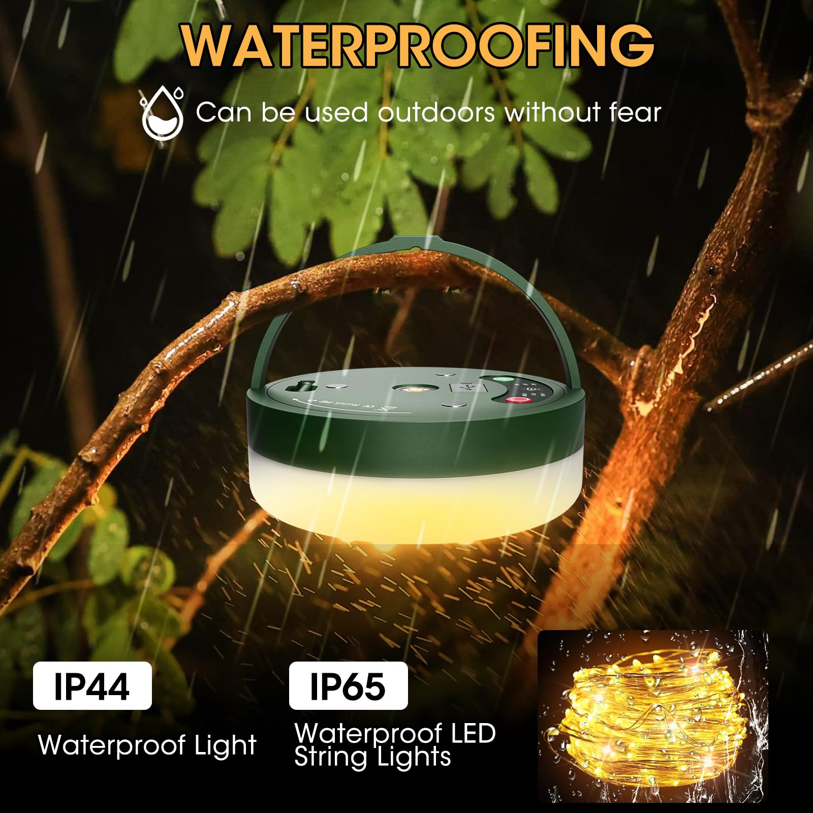 Camping String Lights,Outdoor String Lights with 6 Lighting Modes(32.8Ft), 3 Adjustable Brightness and USB Rechargeable with Rem