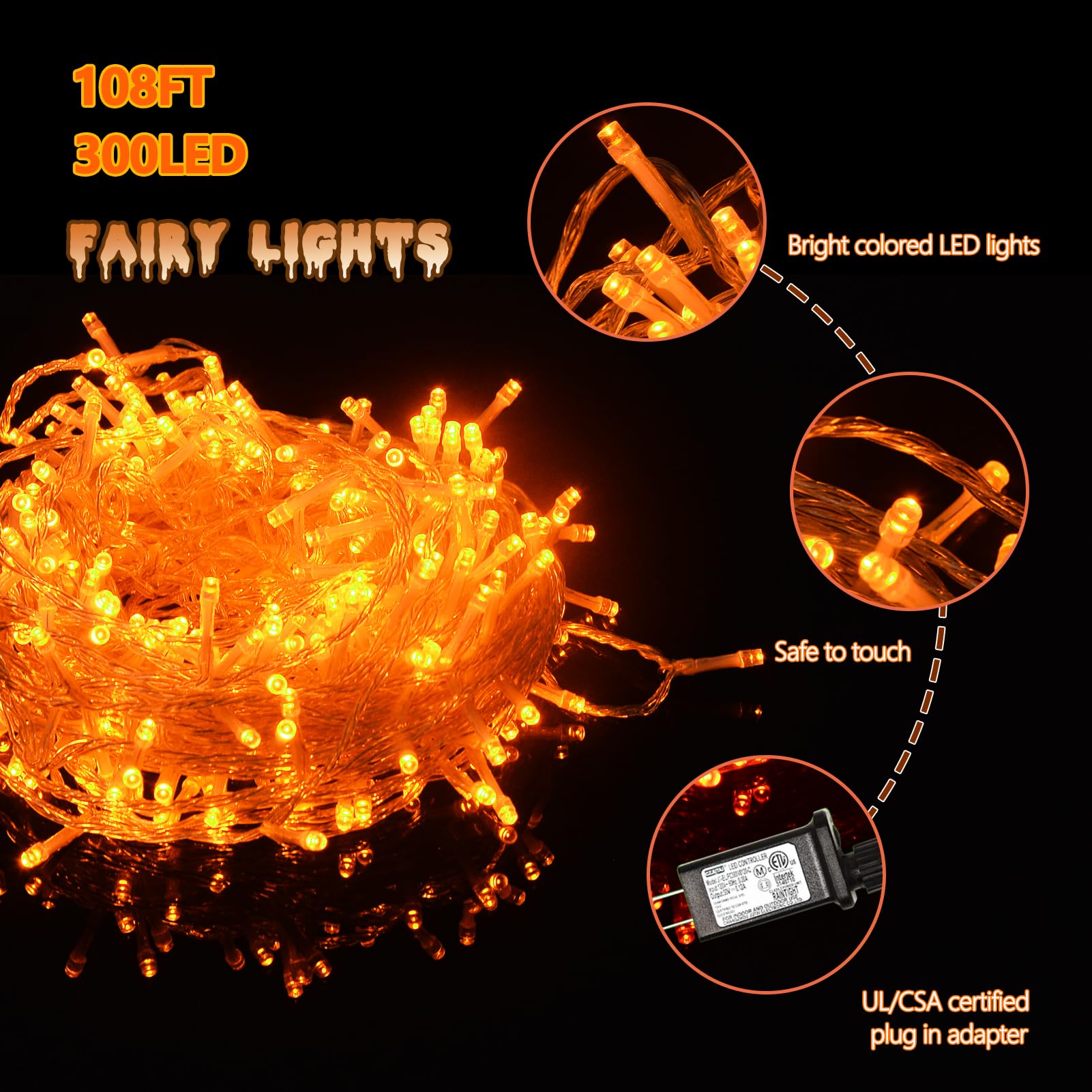 Illuminew 300 Led Orange String Lights Outdoor Halloween Decorations, 108 Ft Thanksgiving Decor Lights 8 Modes Fairy Lights For