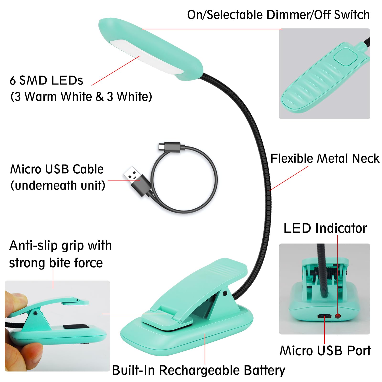 BIGMONAT Rechargeable Book Light, Adjustable Brightness, 2Pack - Blue, Lightweight Clip, 360° Rotary, Plastic Material