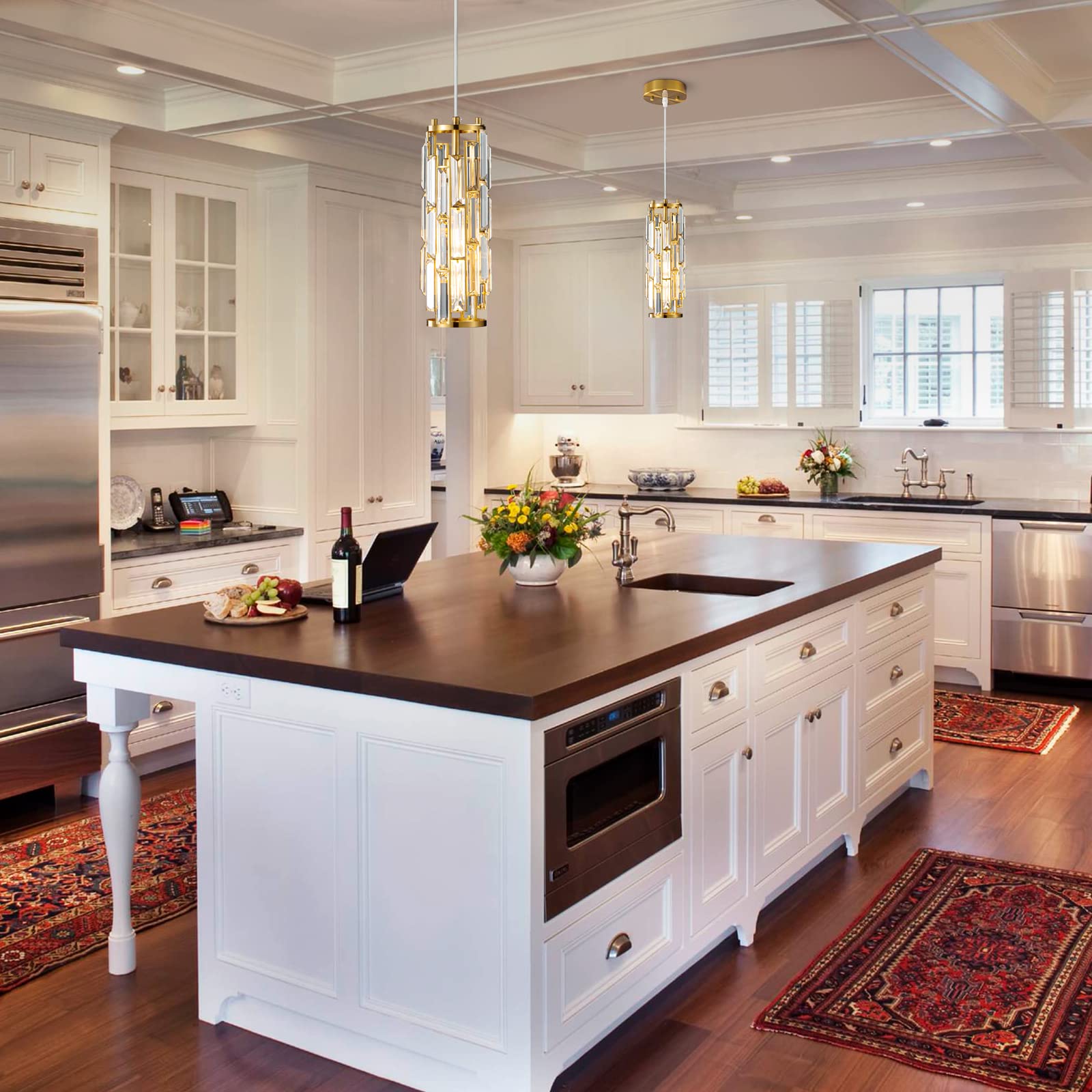 Lmqnine Gold Pendant Lights - Modern Mini Crystal Chandelier For Kitchen, Dining, Bedroom (3-Pack)