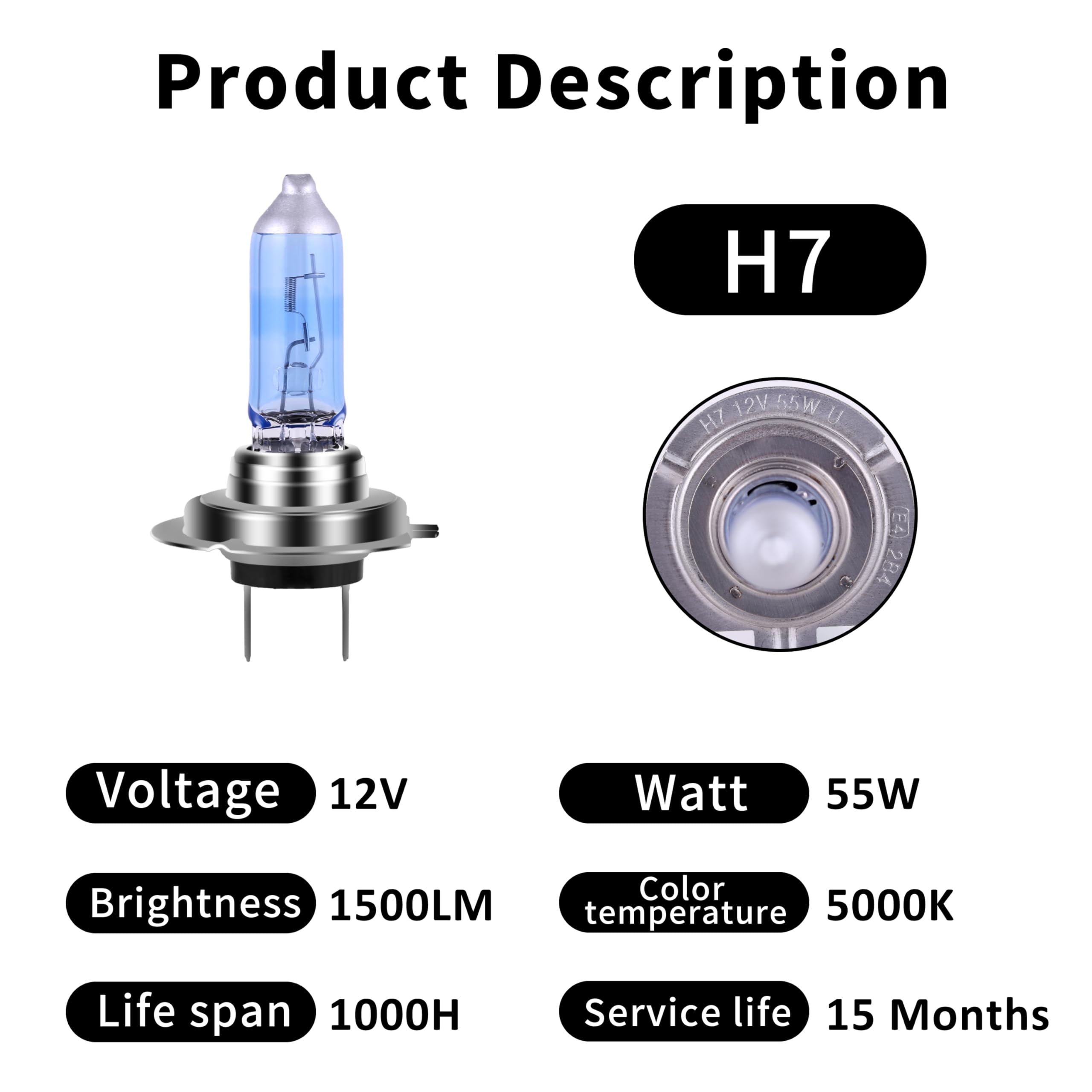 NEWBROWN H7 Halogen Headlight Bulb 5000K Super White Light Replacement PX26D 12V/55W 4 Pack