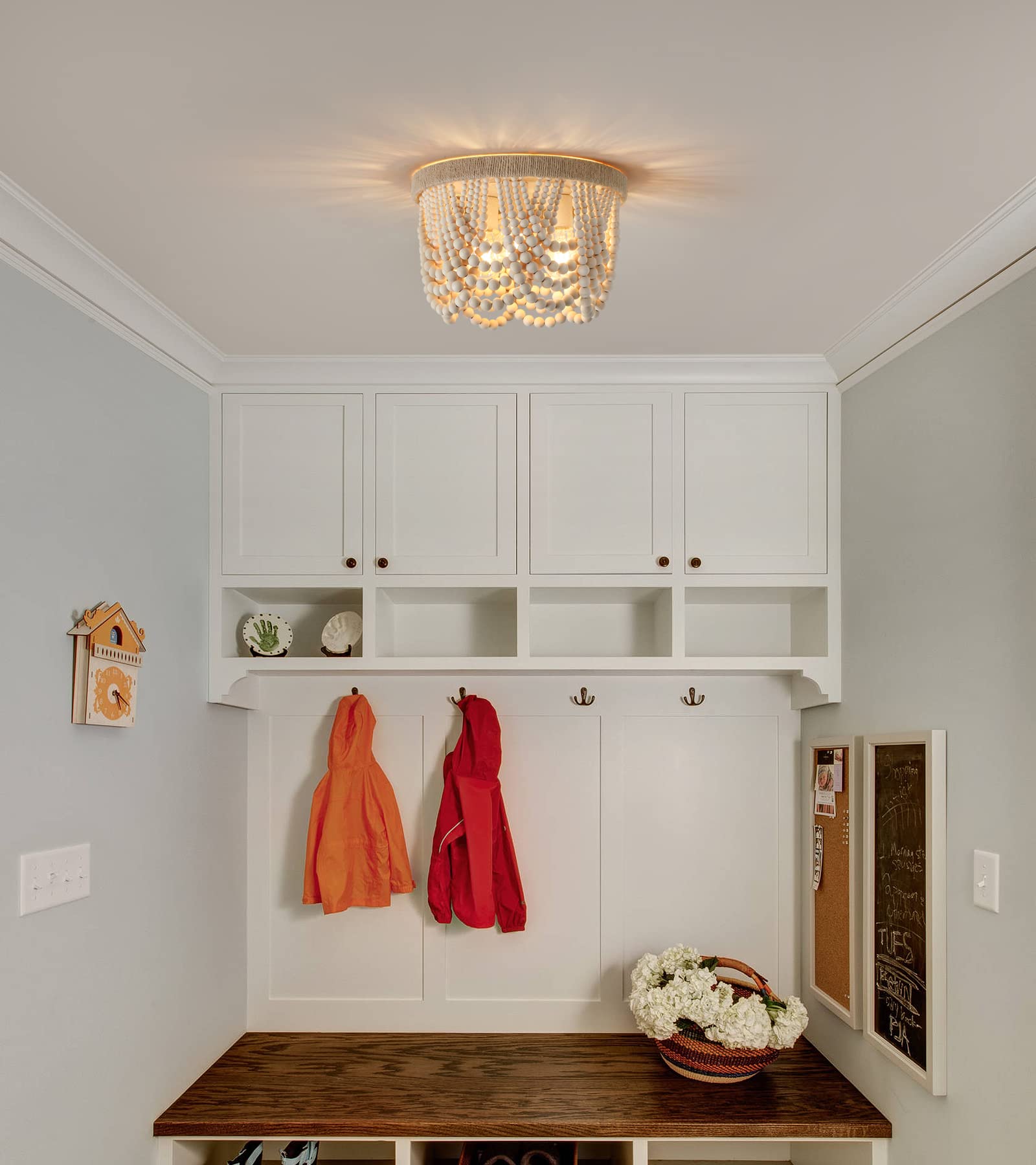 AMZASA Wood Beaded Flush Mount Ceiling Light, 3-Lights, Hemp Rope, Rustic Boho Chandelier for Bedroom, Hallway, Kitchen, Living Room