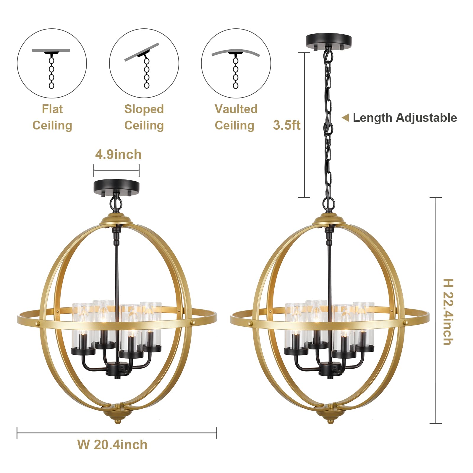 Treekee 4-Light Globe Orb Chandelier, Adjustable Iron Pendant Light, 20'' Black and Gold Finish for Dining Entryway Foyer