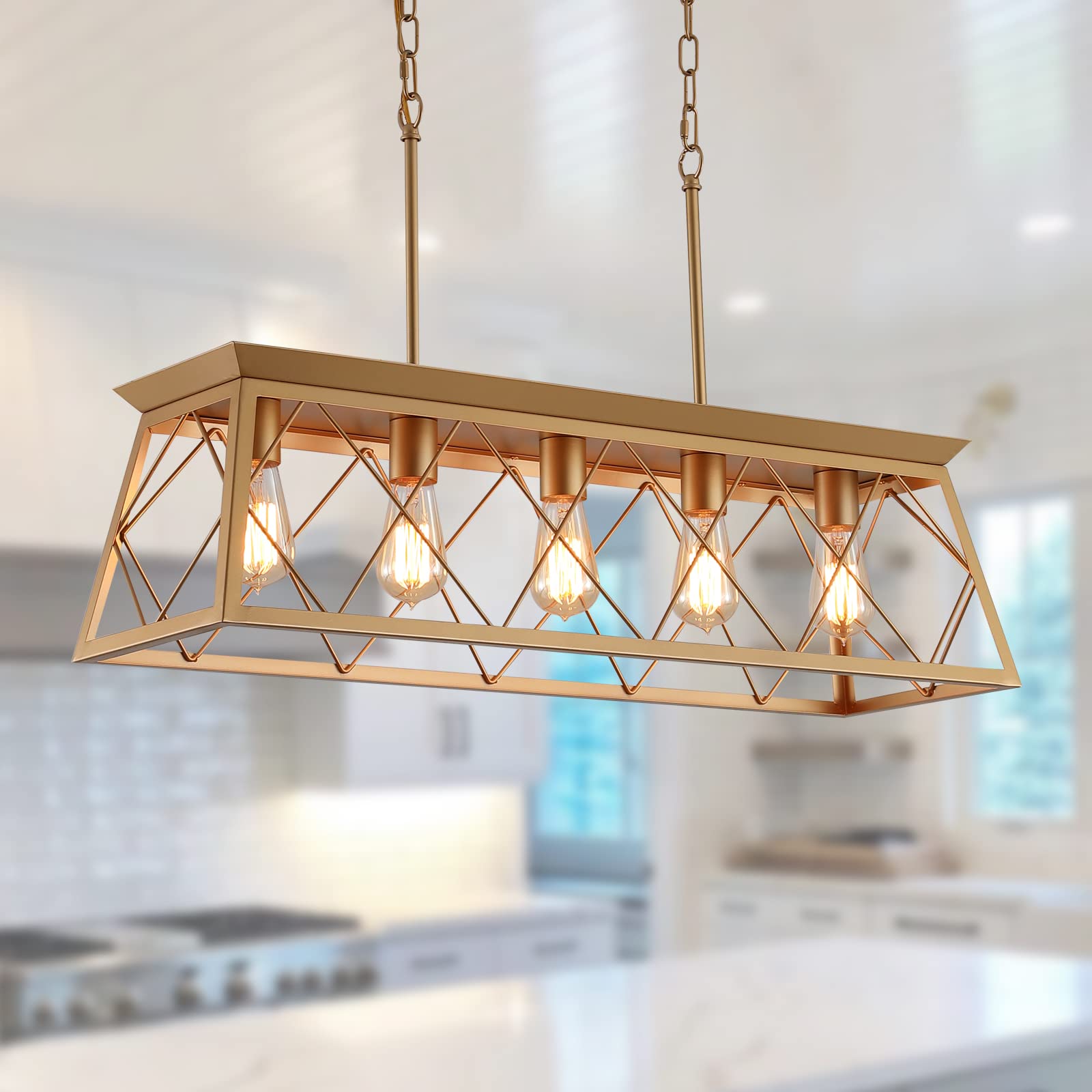 Q&S Modern Farmhouse Chandelier Light Fixtures,5-Lights Gold Linear Industrial Light Fixtures For Kitchen Island Bar Dining Tabl
