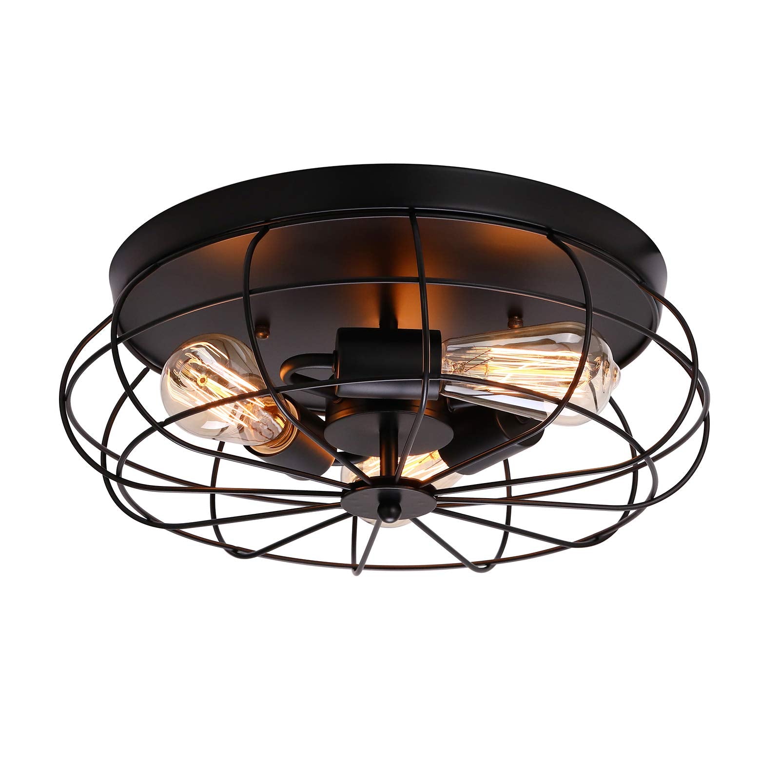 MOLEBIT Flush Mount Ceiling Light Vintage Black - Industrial Metal Cage Fixture with 3 E26 Lights for Bedroom  Kitchen  Dining Room  Living Room  15.74x13.86x7.08 Inches