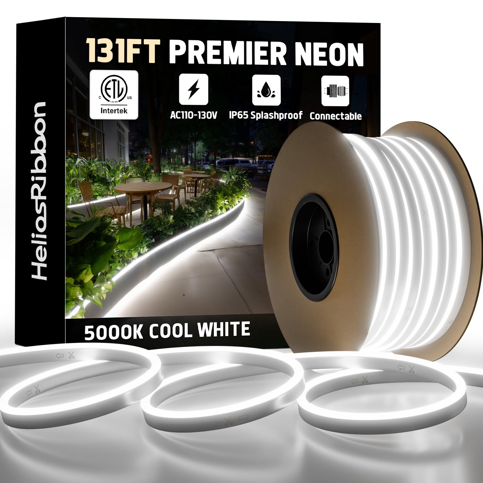 131FT LED Neon Rope Lights 5000K Cool White  ETL Listed 110-120V Outdoor Flexible Neon Band IP65 Waterproof  Connectable and Cuttable  for Home Commercial Contour Landscape Ambient Lighting Decor