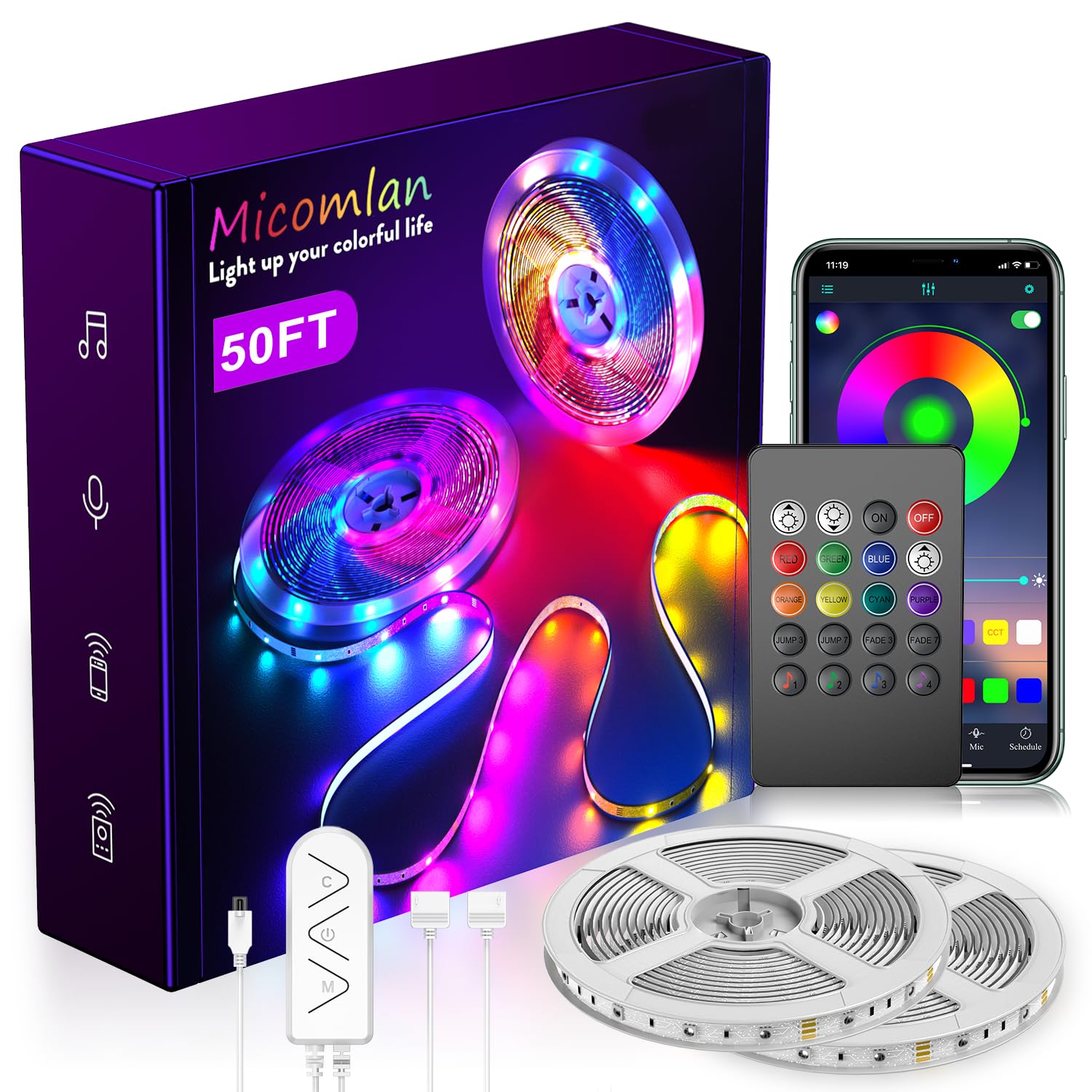 Micomlan 50Ft/15M Led Strip Lights, Music Sync Color Changing Rgb Led Strip Lights Built-In Mic, Bluetooth App Controlled Rope L