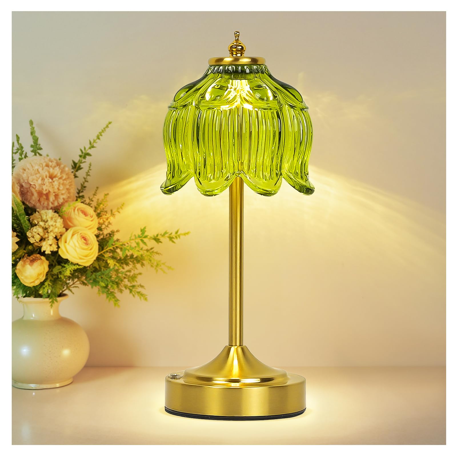 Crkwos Cordless Lotus Flower Table Lamp, 5200mAh Rechargeable Battery Operated Portable Lamp, 3-Color Dimmable Touch Control Sma