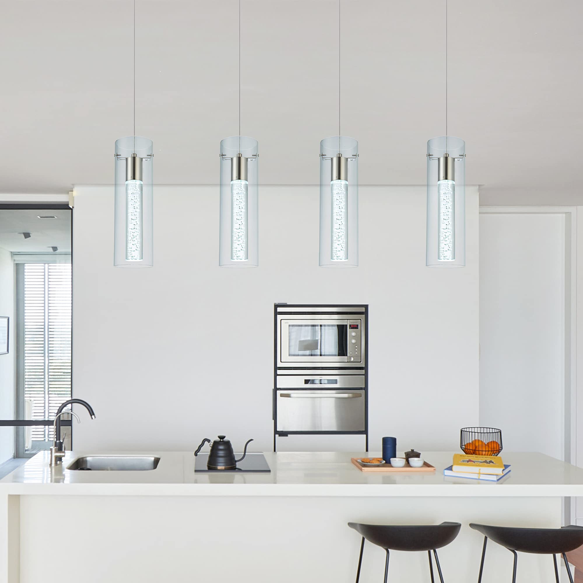 Votag Kitchen Lighting Pendant Fixtures 4-Light Led Pendant Ceiling Fixture Brushed Nickel Bubble Cylinder Pendant Light With Adjustable Length For Kitchen Island Dinning Room Bedroom