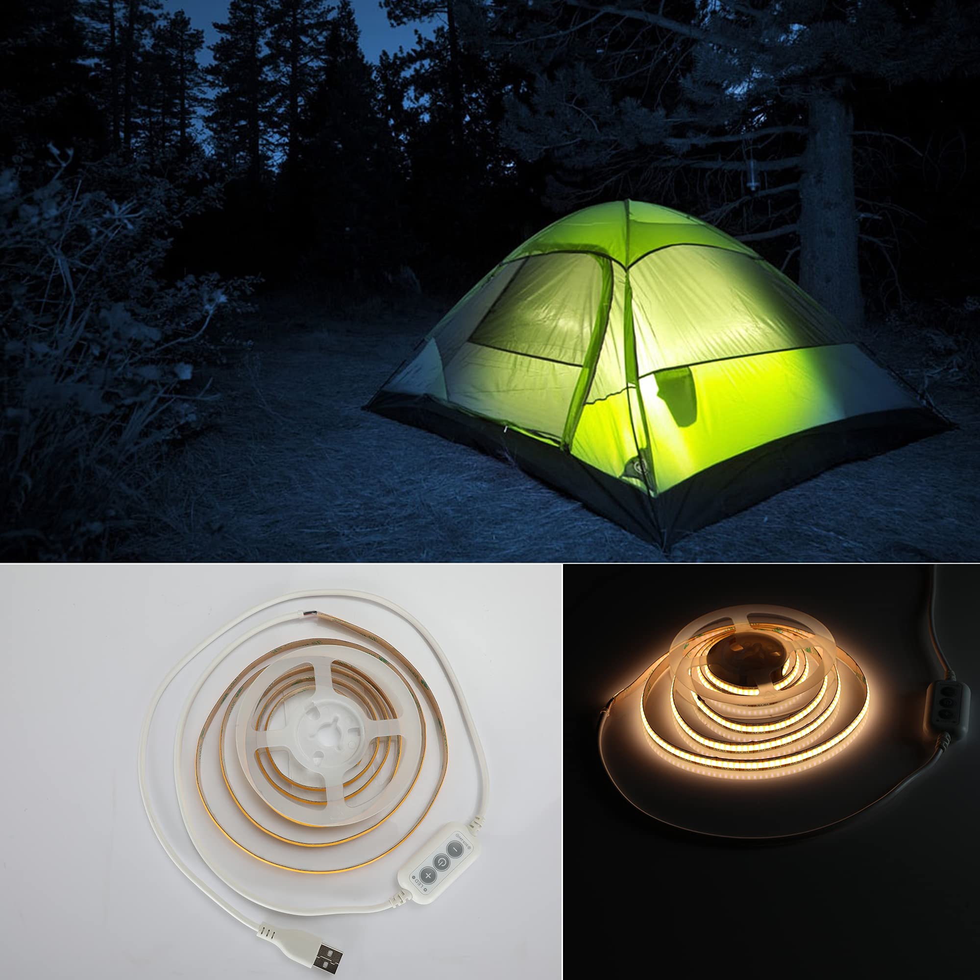 dephen 5V USB LED Strip Lights, Warm White, 4.92ft, Dimmable COB, 3000K, Model HH-SCOBWW-320-5-IP20
